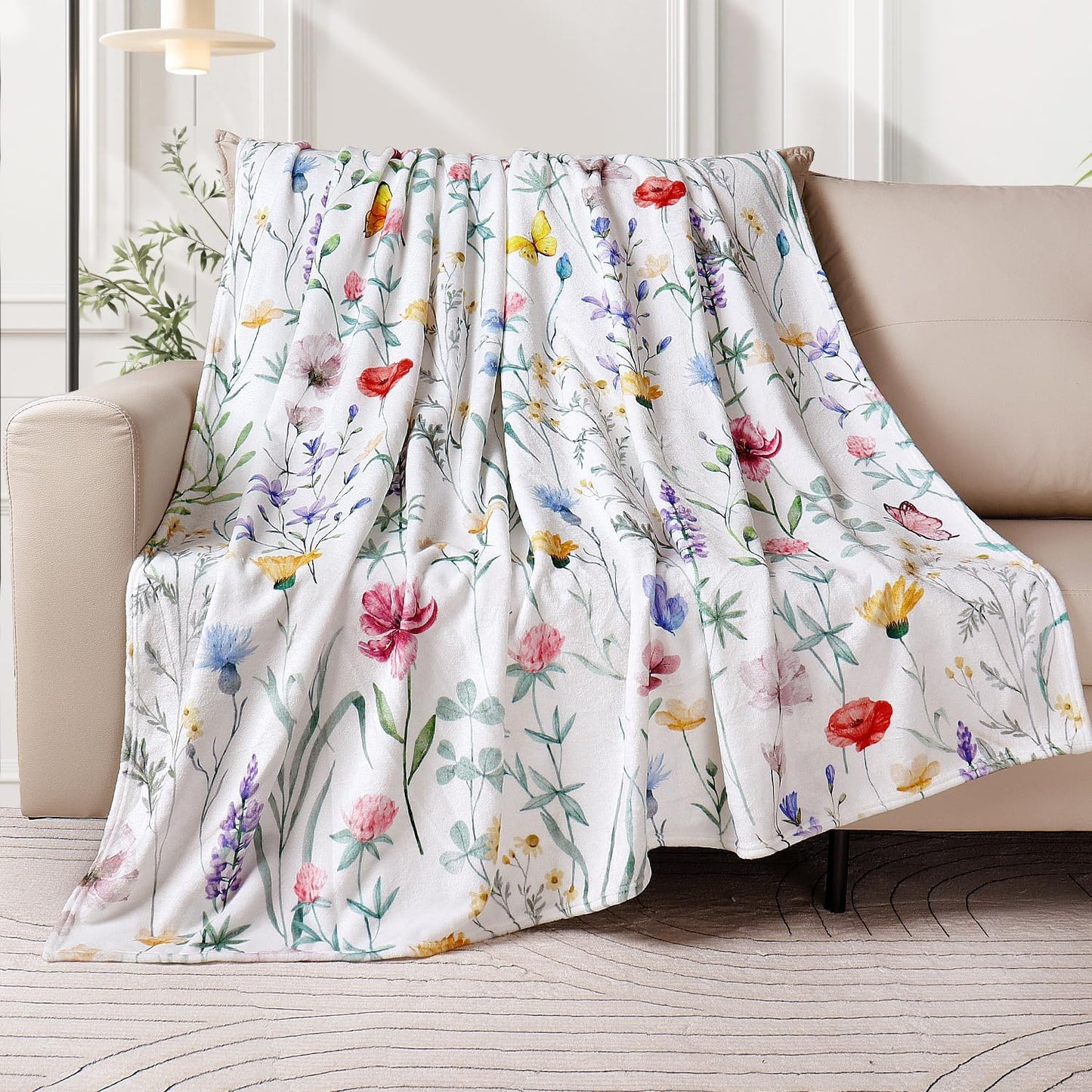 Colorful Wildflowers Throw Blanket Botanical Plant Bed Blanket Watercolor Floral Flower Blankets Soft Flannel Fleece Throw Blanket Boho Cozy Fluffy Plush Blankets 50" X 60"