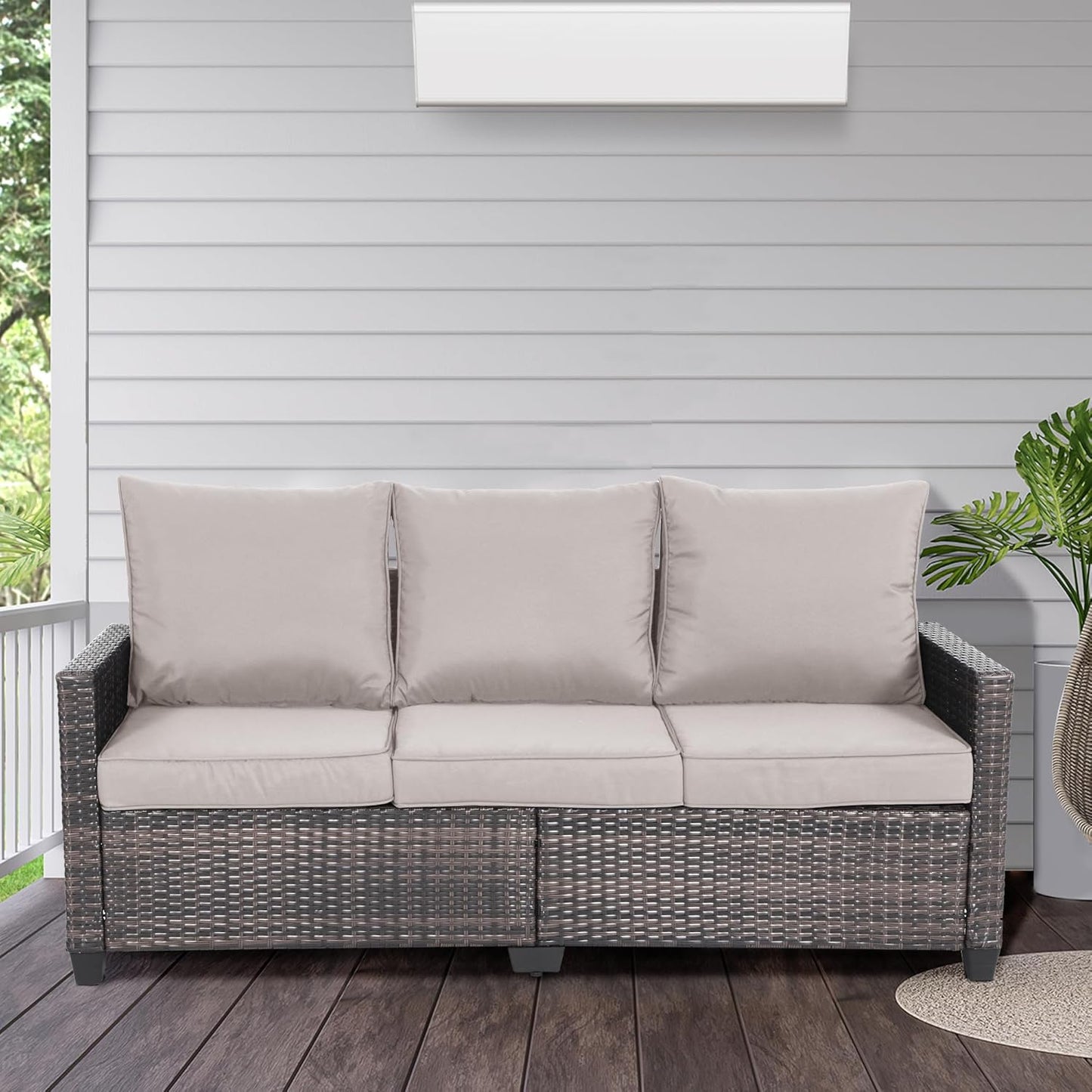 All Weather Patio Sofa, 3 Seat Outdoor Couch with High Back and Thick Cushions,Outdoor Sofa Furniture with Premium Wicker for Garden, Backyard, Porch,Beige