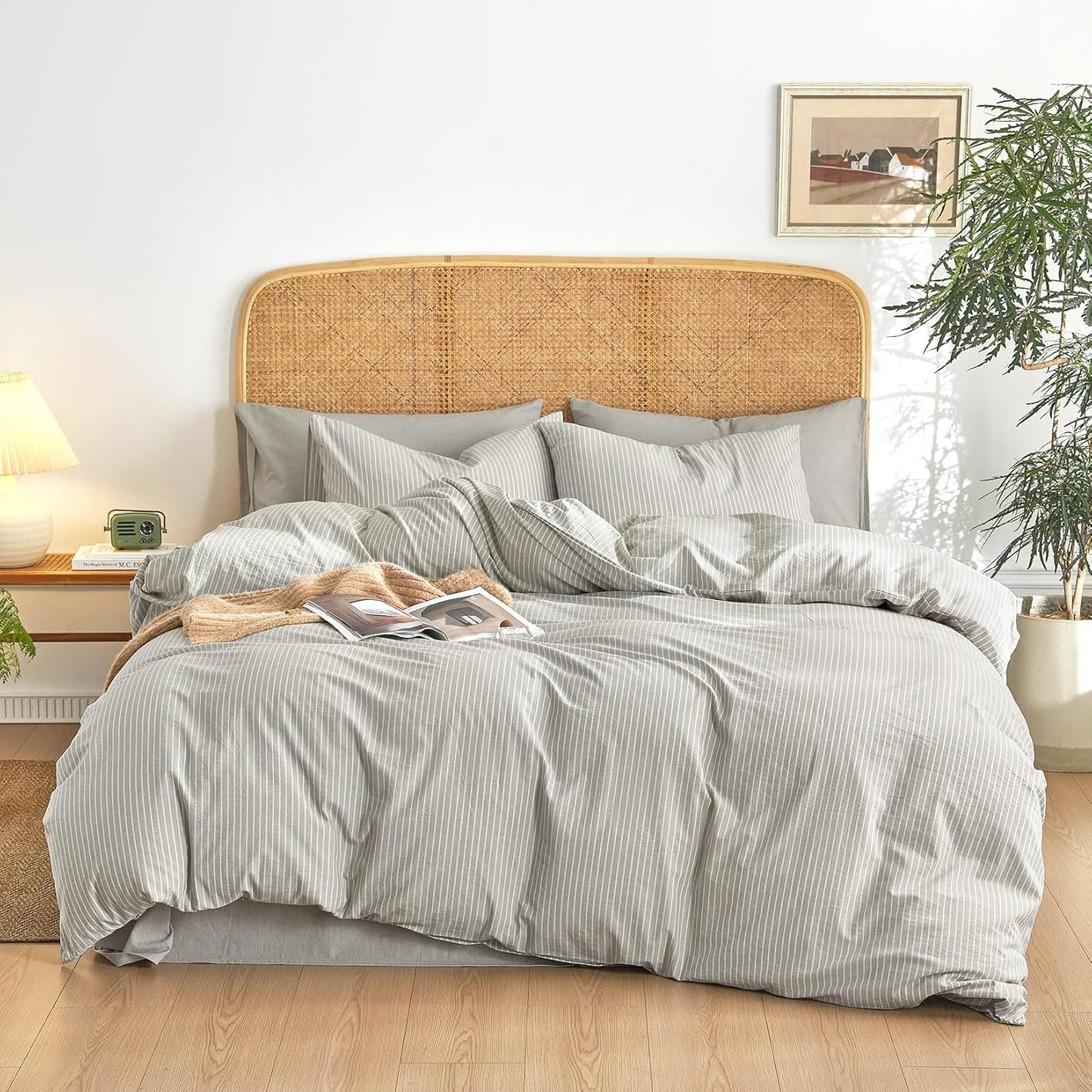 Wake In Cloud - Striped Cotton Duvet Cover Set, 100% Washed Cotton Textured Percale Bedding Set, Ticking Stripe Pinstripe Farmhouse, 3 Pieces, Denim Blue, Queen Size