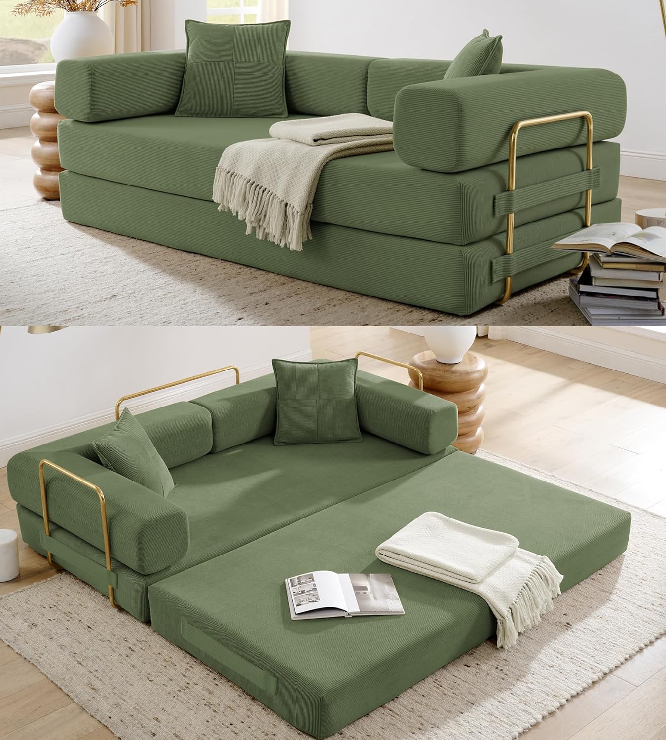 Convertible Sleeper Sofa Bed, Corduroy Folding Sofa Bed with Fixed-Shape Frame, Fold Out Floor Mattress Couch, Lazy Compression Sofa for Living Room, Bedroom, No Assembly Required, Beige