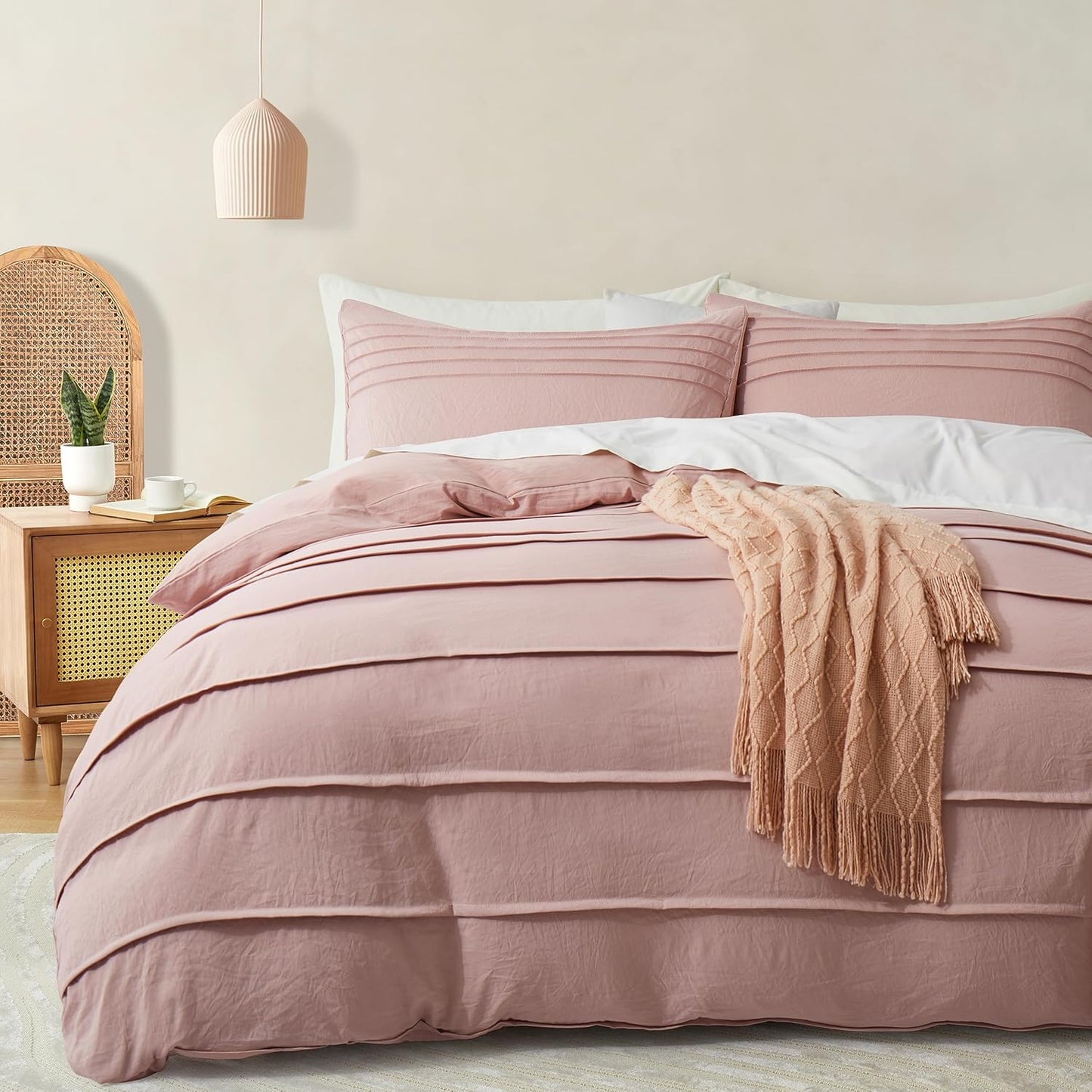 Oli Anderson Beige Duvet Cover Queen Size - Pleated Queen Duvet Cover, 3PCS Soft and Breathable Textured Bedding Set with Zipper Closure(Beige,90"x90")