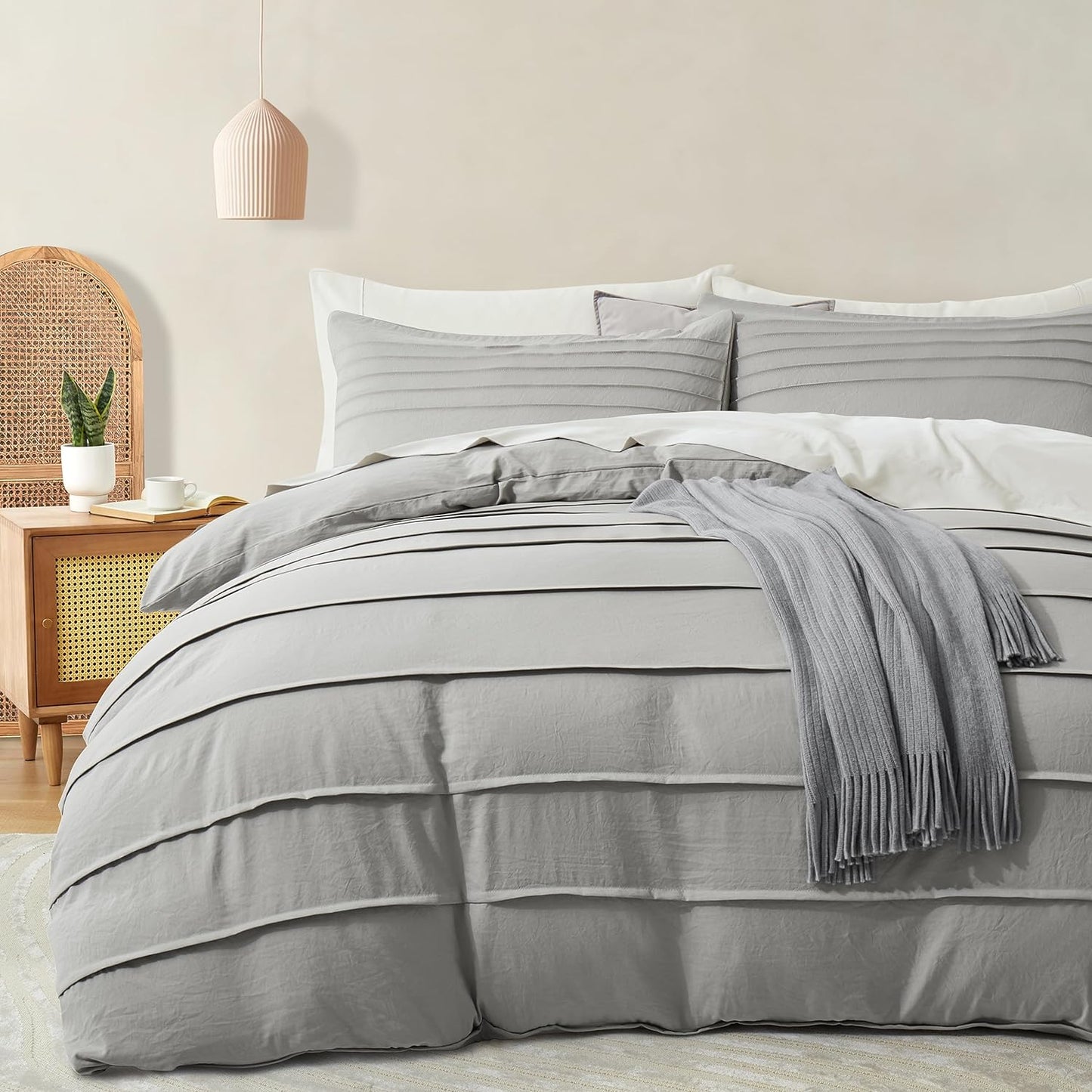 Oli Anderson Beige Duvet Cover Queen Size - Pleated Queen Duvet Cover, 3PCS Soft and Breathable Textured Bedding Set with Zipper Closure(Beige,90"x90")