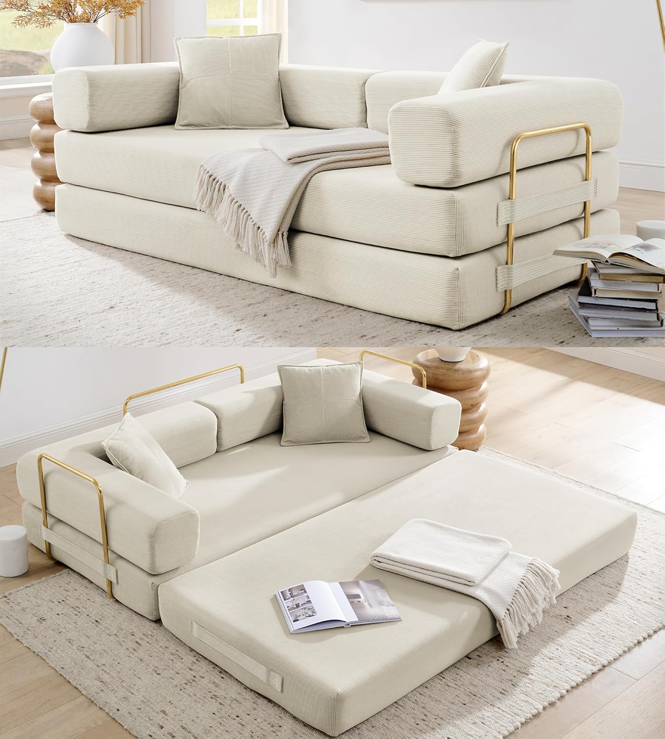 Convertible Sleeper Sofa Bed, Corduroy Folding Sofa Bed with Fixed-Shape Frame, Fold Out Floor Mattress Couch, Lazy Compression Sofa for Living Room, Bedroom, No Assembly Required, Beige