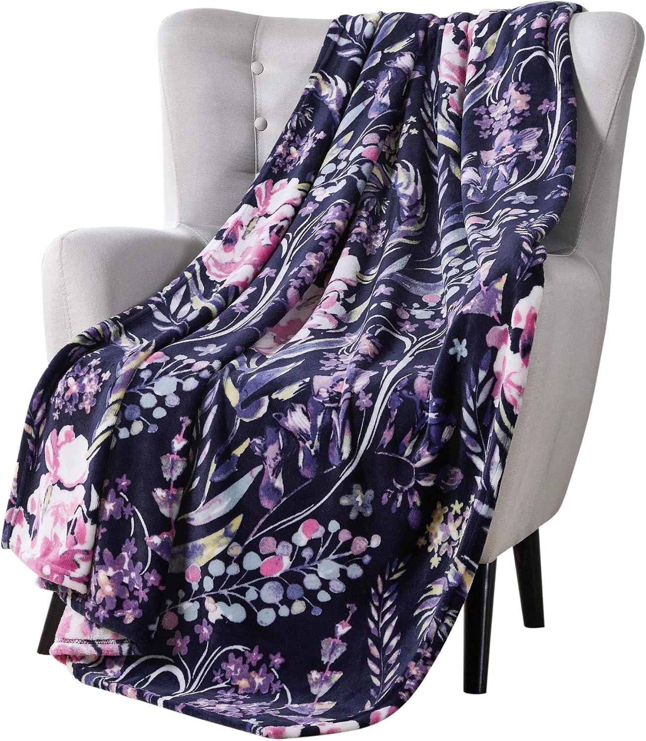Decorative Floral Fleece Throw Blanket: Velvety Soft Plush Rose Flower Accent for Couch or Bed, Blush Pink Purple Navy Blue Grey on White, Oversized 50" x 70" Inches