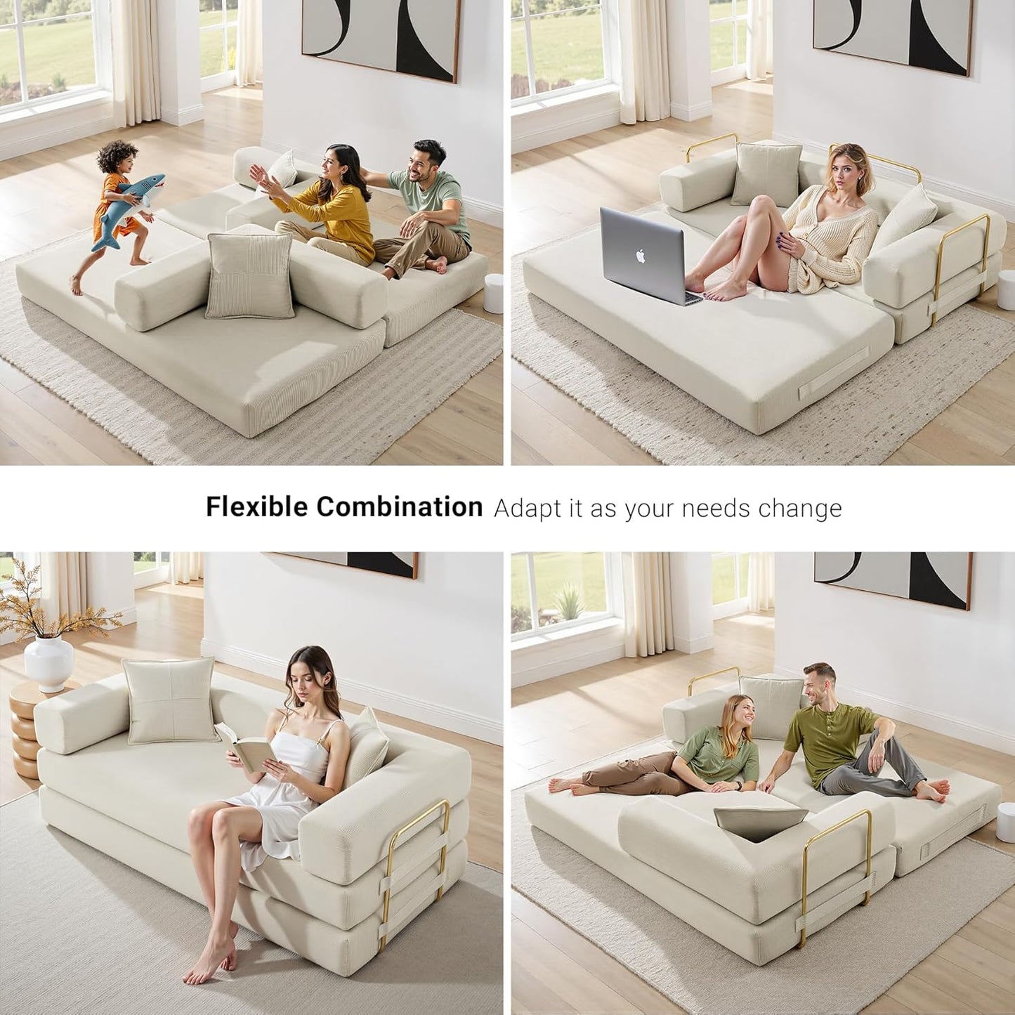 Convertible Sleeper Sofa Bed, Corduroy Folding Sofa Bed with Fixed-Shape Frame, Fold Out Floor Mattress Couch, Lazy Compression Sofa for Living Room, Bedroom, No Assembly Required, Beige