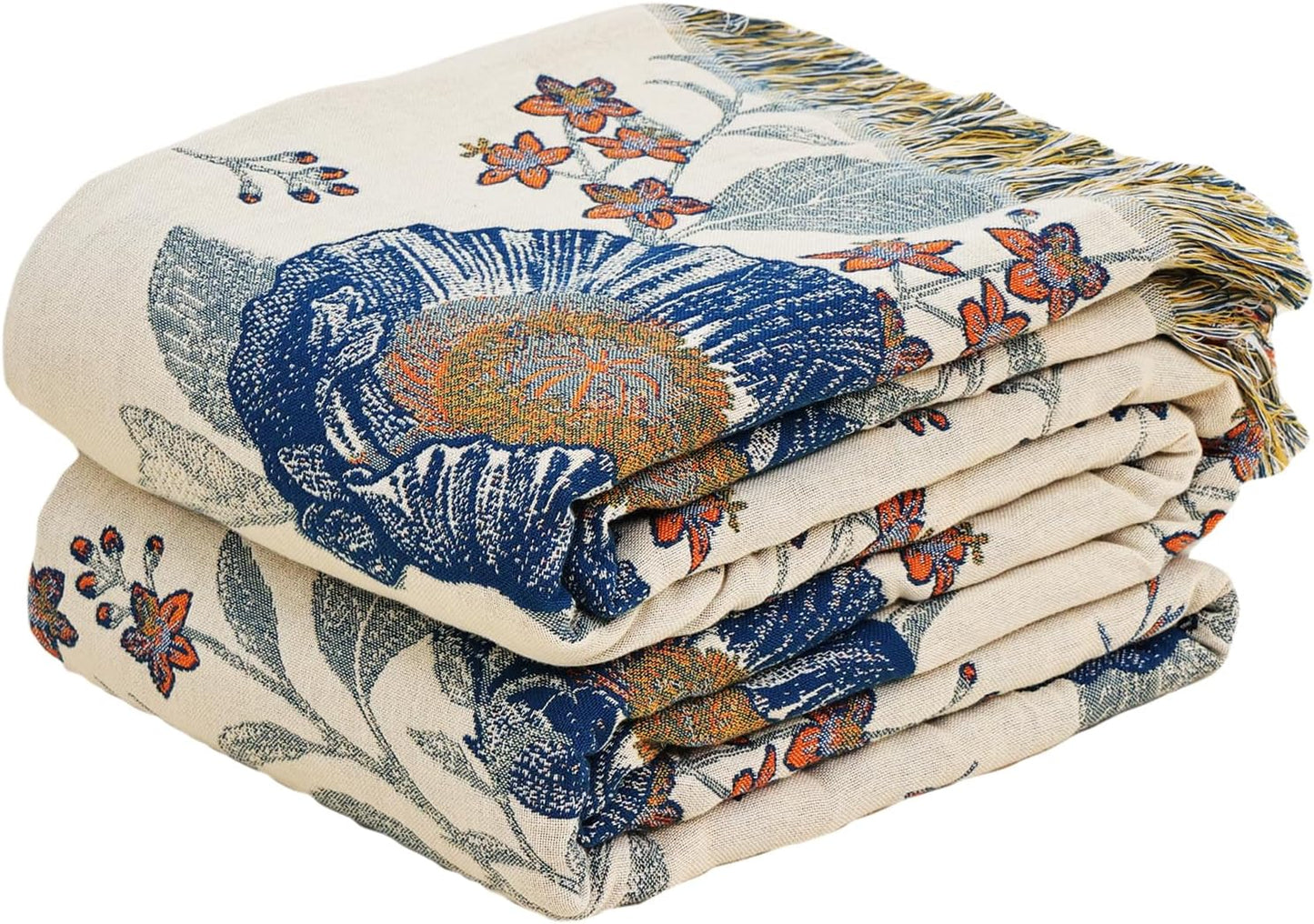Boho Throw Blanket 60" x 80", 100% Organic Cotton Breathable Lightweight Ultra Soft Bed Quilt Throw - Summer Floral Butterfly Farmhouse Decor Blanket for Sofa Couch Chair and Gift.