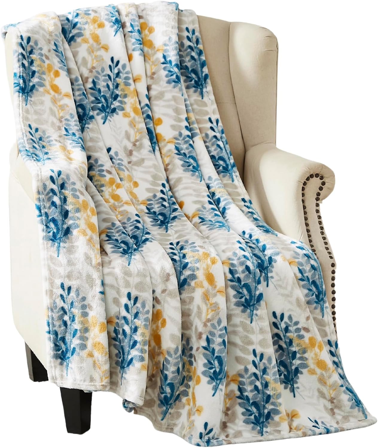 Decorative Floral Fleece Throw Blanket: Velvety Soft Plush Rose Flower Accent for Couch or Bed, Blush Pink Purple Navy Blue Grey on White, Oversized 50" x 70" Inches