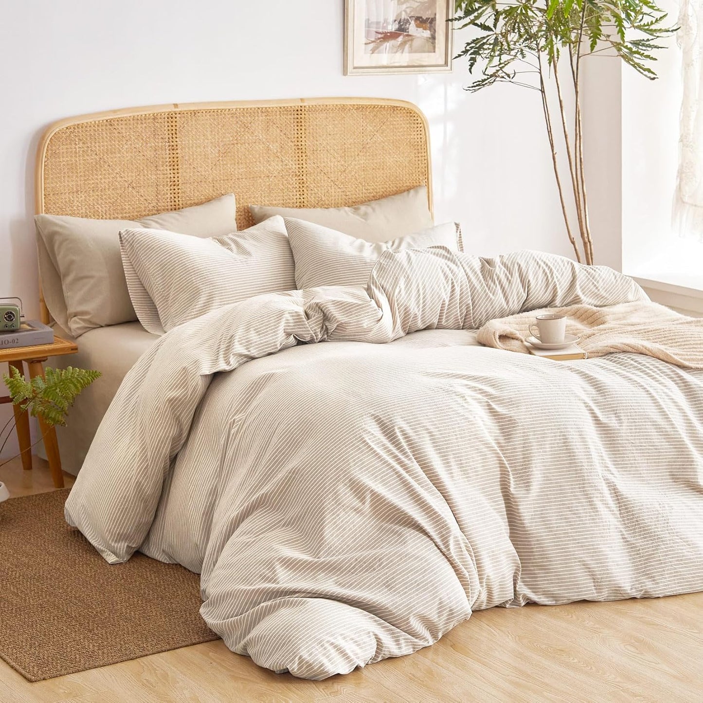 Wake In Cloud - Striped Cotton Duvet Cover Set, 100% Washed Cotton Textured Percale Bedding Set, Ticking Stripe Pinstripe Farmhouse, 3 Pieces, Denim Blue, Queen Size