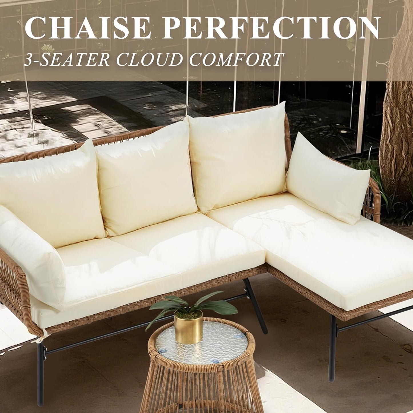 Bezseller 3-Piece Outdoor Patio Furniture Set, L-Shaped Rattan Sectional Sofa with Thick Cushions, Glass Coffee Table – All-Weather Conversation Set for Backyard, Porch, Poolside