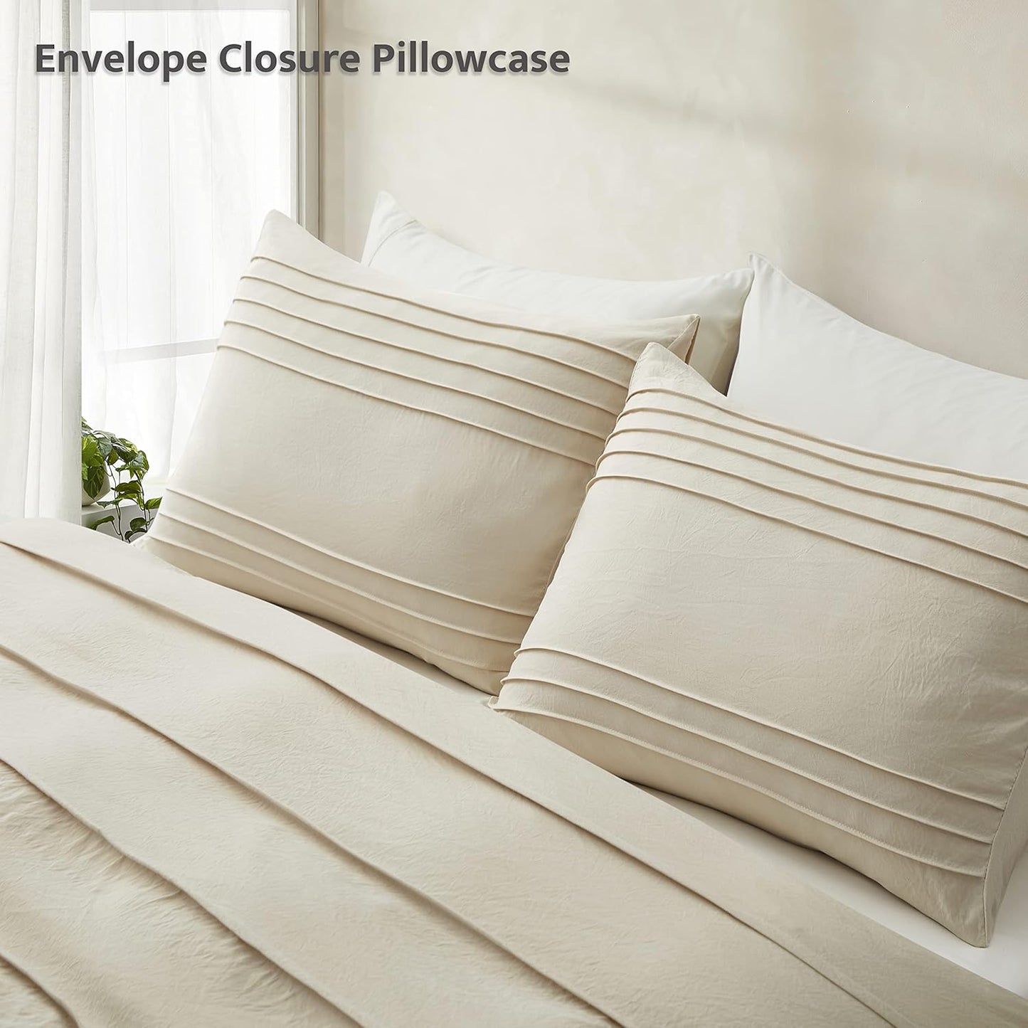 Oli Anderson Beige Duvet Cover Queen Size - Pleated Queen Duvet Cover, 3PCS Soft and Breathable Textured Bedding Set with Zipper Closure(Beige,90"x90")