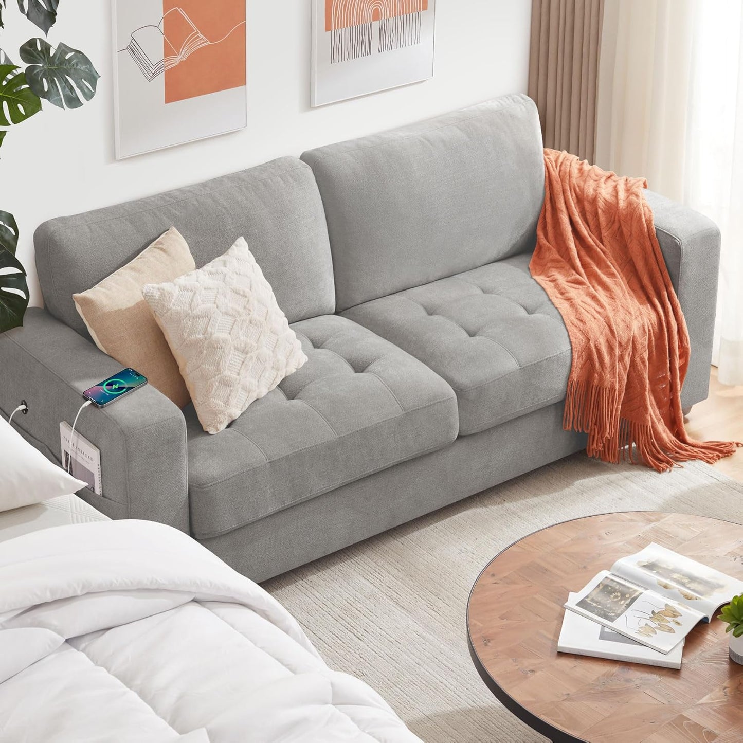 Ihanherry Modern Sofas 2-Seater Couches for Living Room, Chenille Sofas with Extra Large Seat Width & Depth, USB/Type-C Charging Port & Side Pocket, Removable Medium Firm Sofa Cushion(89inch, Brown)