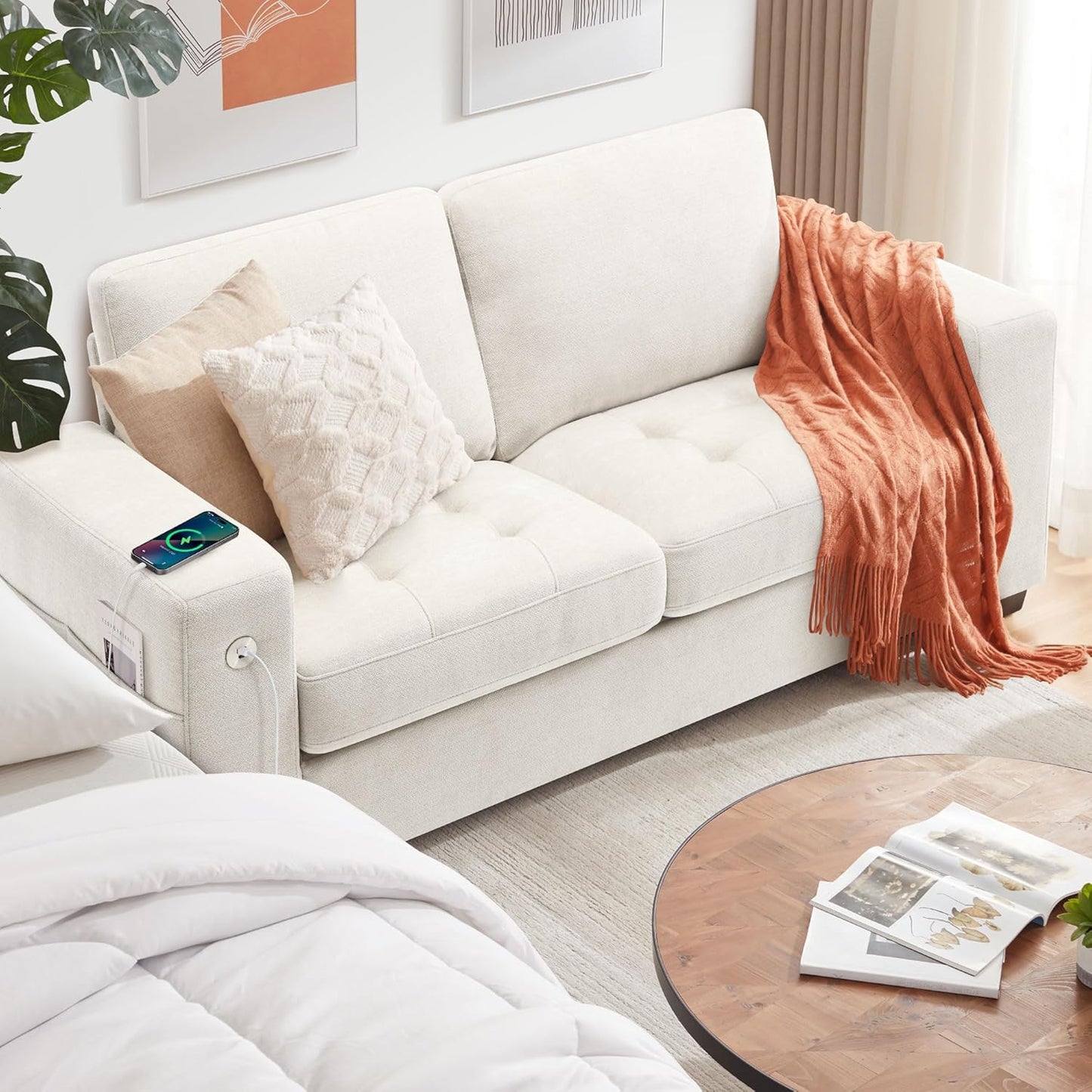 Ihanherry Modern Sofas 2-Seater Couches for Living Room, Chenille Sofas with Extra Large Seat Width & Depth, USB/Type-C Charging Port & Side Pocket, Removable Medium Firm Sofa Cushion(89inch, Brown)