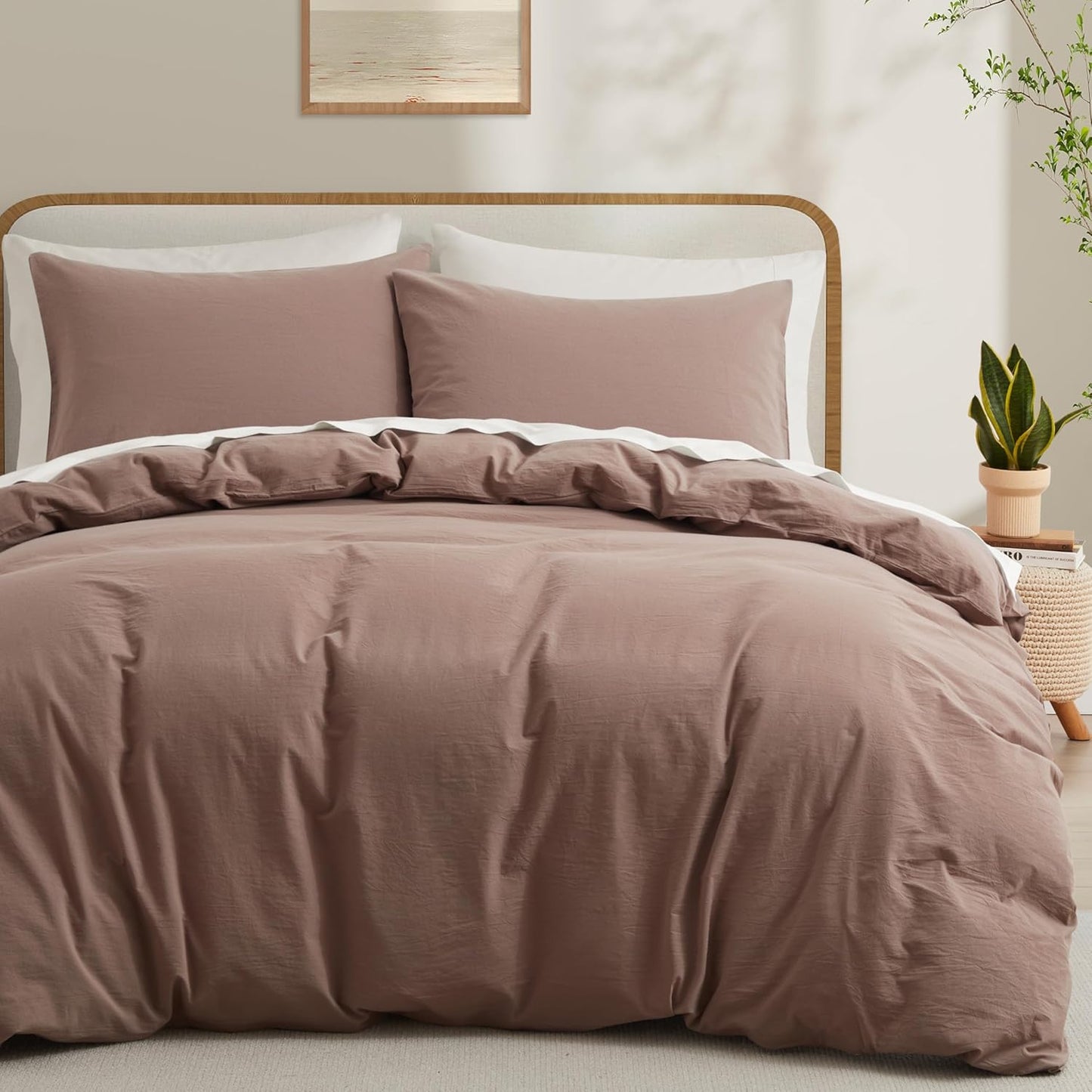 LOVQUE 100% Washed Cotton Duvet Cover Queen Size, White Linen Like Breathable Natural Bedding Set (No Comforter), 90x90 Inches