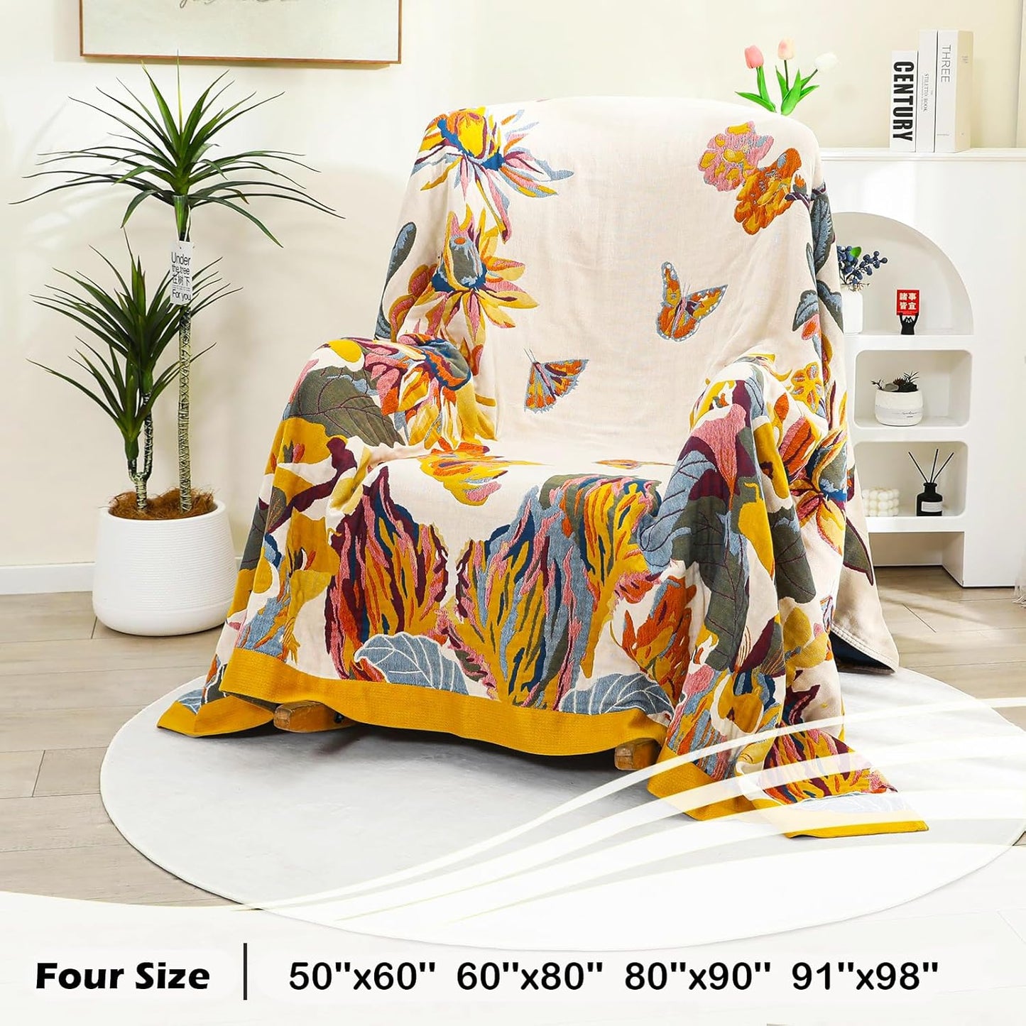 Boho Throw Blanket 60" x 80", 100% Organic Cotton Breathable Lightweight Ultra Soft Bed Quilt Throw - Summer Floral Butterfly Farmhouse Decor Blanket for Sofa Couch Chair and Gift.