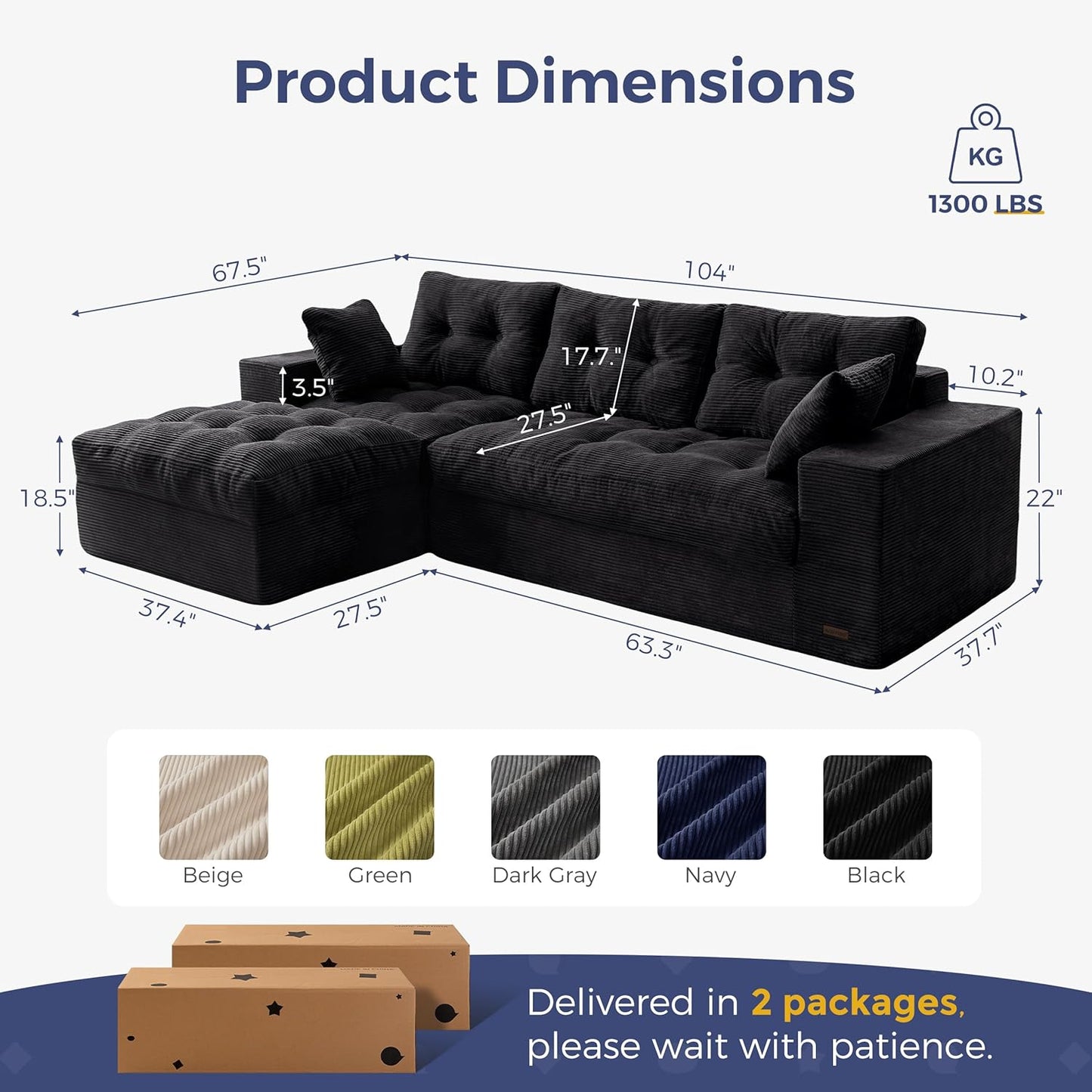 MAXYOYO L-Shaped Sectional Sofa with Convertible Left/Right Ottoman, Cloud Boneless Modular Couch, Layered Cushion & Tufted Upholstered, 4-in-1 Flexible Combination, No Assembly, Black