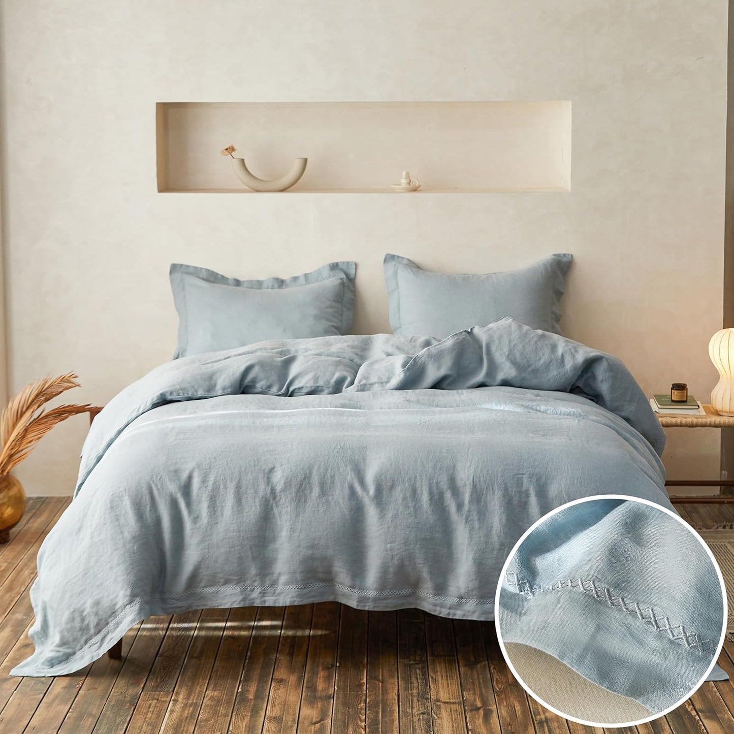 Simple&Opulence 100% Linen Duvet Cover Set with Embroidery Washed - 3 Pieces (1 Duvet Cover with 2 Pillow Shams) with Button Closure Soft Breathable Farmhouse - Linen, King Size