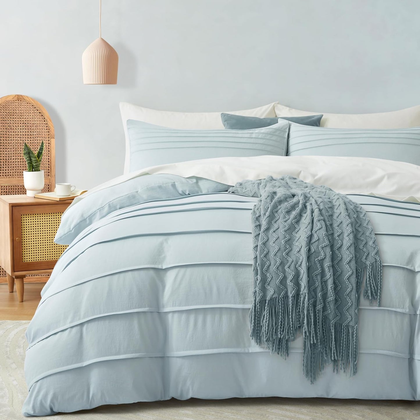 Oli Anderson Beige Duvet Cover Queen Size - Pleated Queen Duvet Cover, 3PCS Soft and Breathable Textured Bedding Set with Zipper Closure(Beige,90"x90")