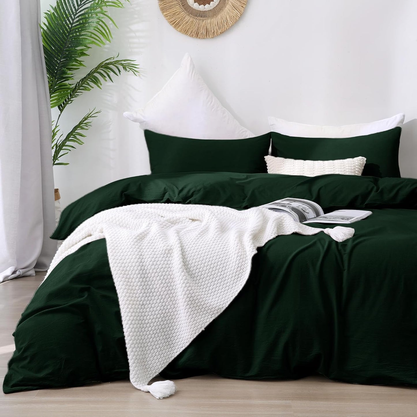 ATsense Duvet Cover King Size, 100% Washed Cotton Linen Feel Super Soft Comfortable, 3-Piece White Duvet Cover Bedding Set, Long-Lasting and Easy Care, Simple Style Farmhouse Comforter Cover