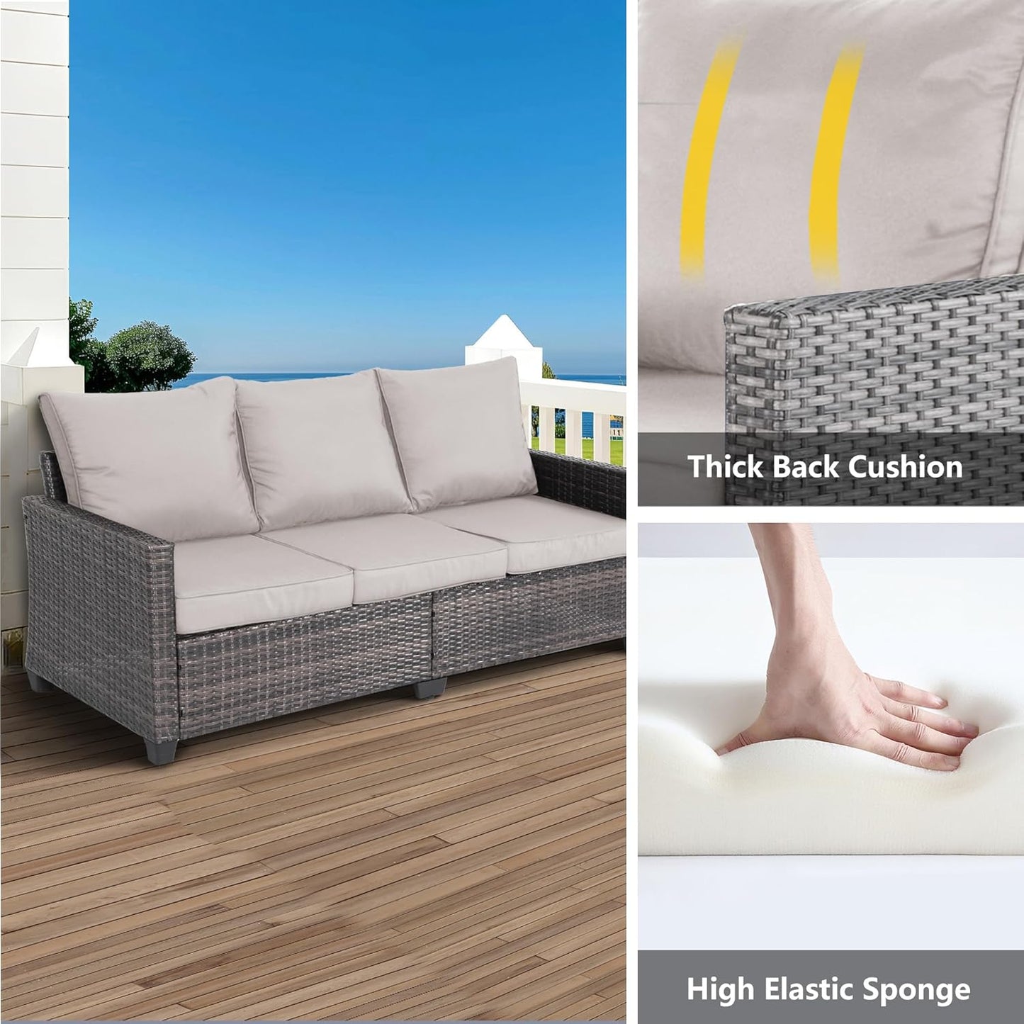 All Weather Patio Sofa, 3 Seat Outdoor Couch with High Back and Thick Cushions,Outdoor Sofa Furniture with Premium Wicker for Garden, Backyard, Porch,Beige