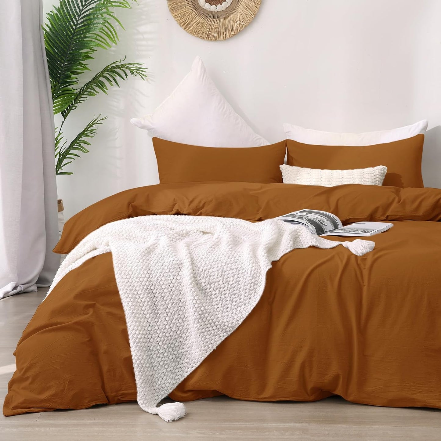 ATsense Duvet Cover King Size, 100% Washed Cotton Linen Feel Super Soft Comfortable, 3-Piece White Duvet Cover Bedding Set, Long-Lasting and Easy Care, Simple Style Farmhouse Comforter Cover