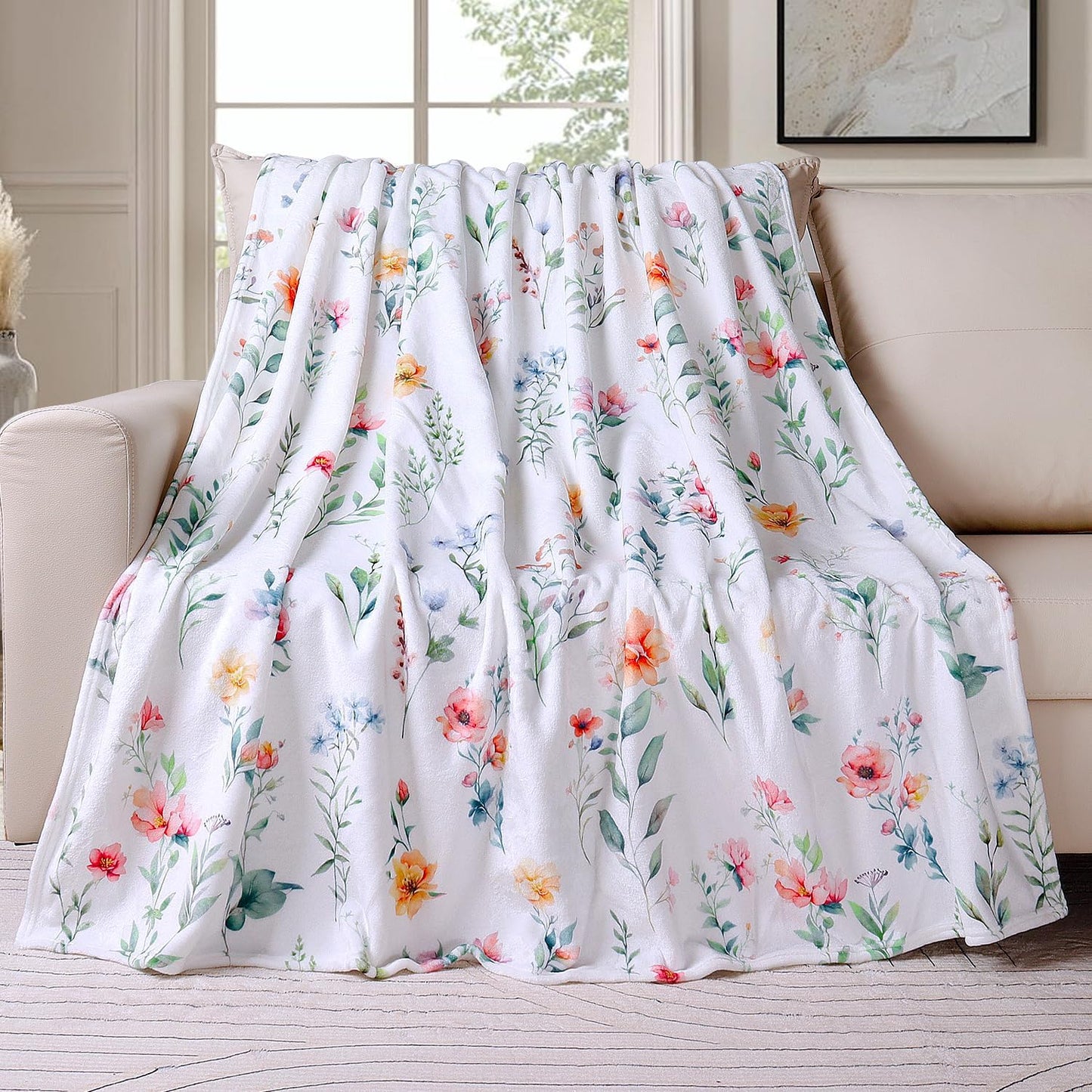 Tupmnbry Wildflowers Floral Throw Blanket Botanical Floral Printed Blanket Super Soft Flannel Throw Blanket Lightweight Fluffy Plush Fuzzy Bed Blanket for Bedding Sofa and Travel 50"X60"