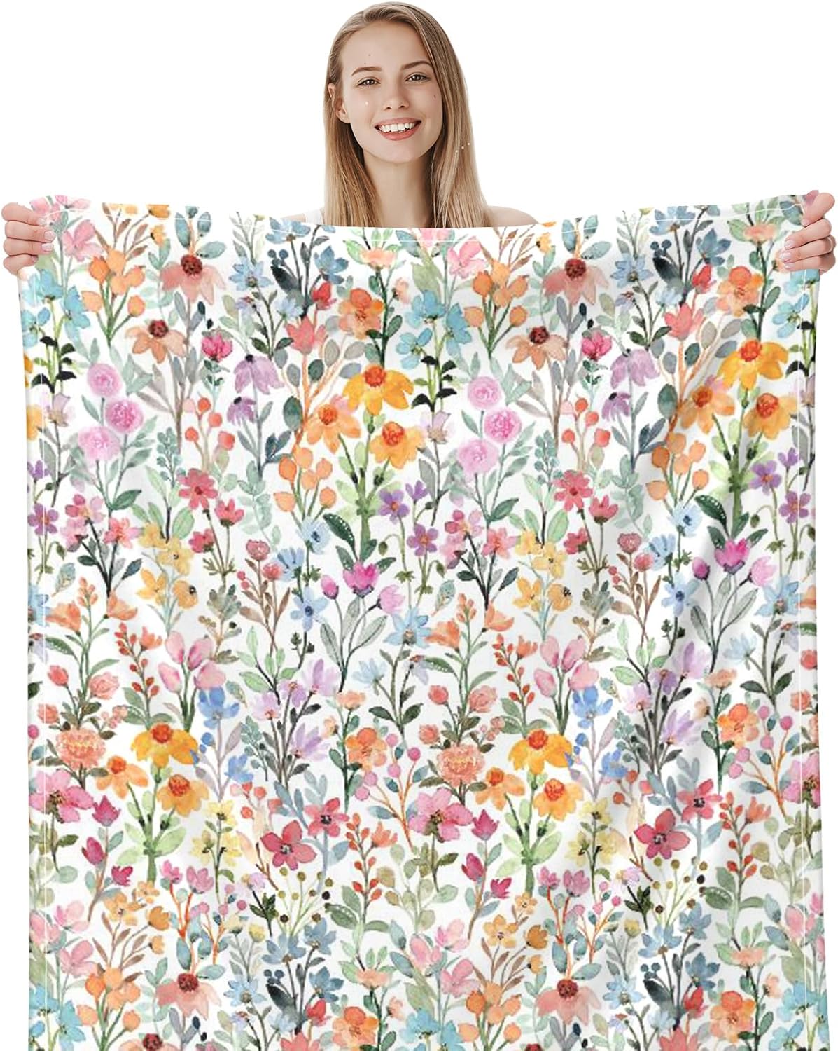 Whaline Floral Fuzzy Blanket Watercolor Flower Throw Blanket Colorful Wildflower Soft Cozy Flannel Blanket for Home Bed Sofa Couch Chair, 50 x 60 Inch