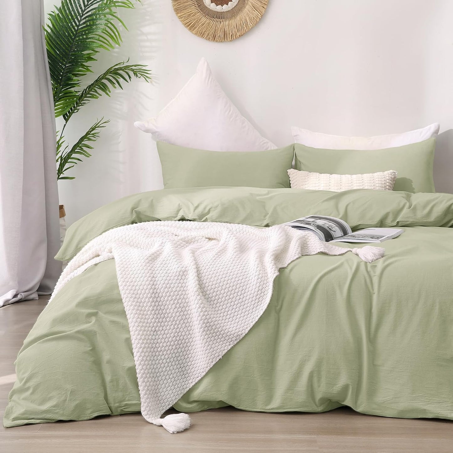 ATsense Duvet Cover King Size, 100% Washed Cotton Linen Feel Super Soft Comfortable, 3-Piece White Duvet Cover Bedding Set, Long-Lasting and Easy Care, Simple Style Farmhouse Comforter Cover