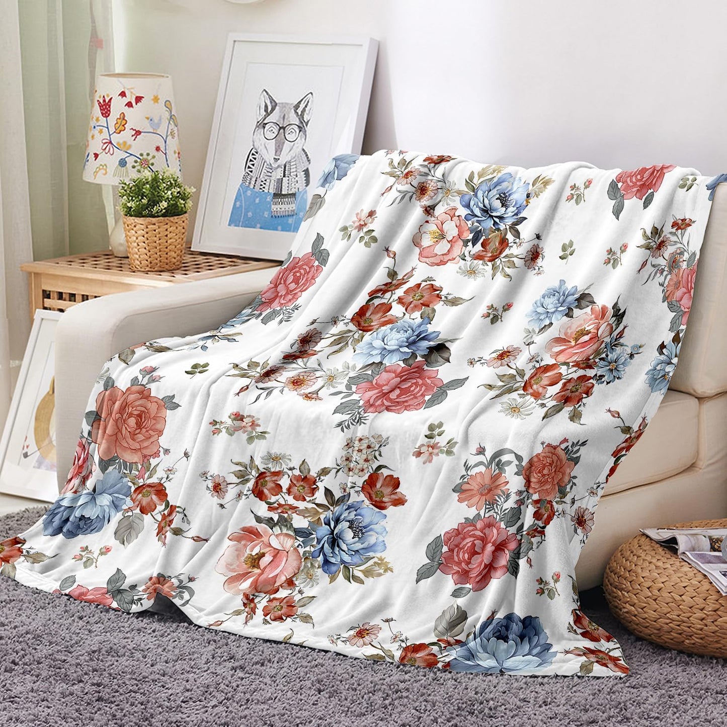 Colorful Wildflowers Throw Blanket Botanical Plant Bed Blanket Watercolor Floral Flower Blankets Soft Flannel Fleece Throw Blanket Boho Cozy Fluffy Plush Blankets 50" X 60"