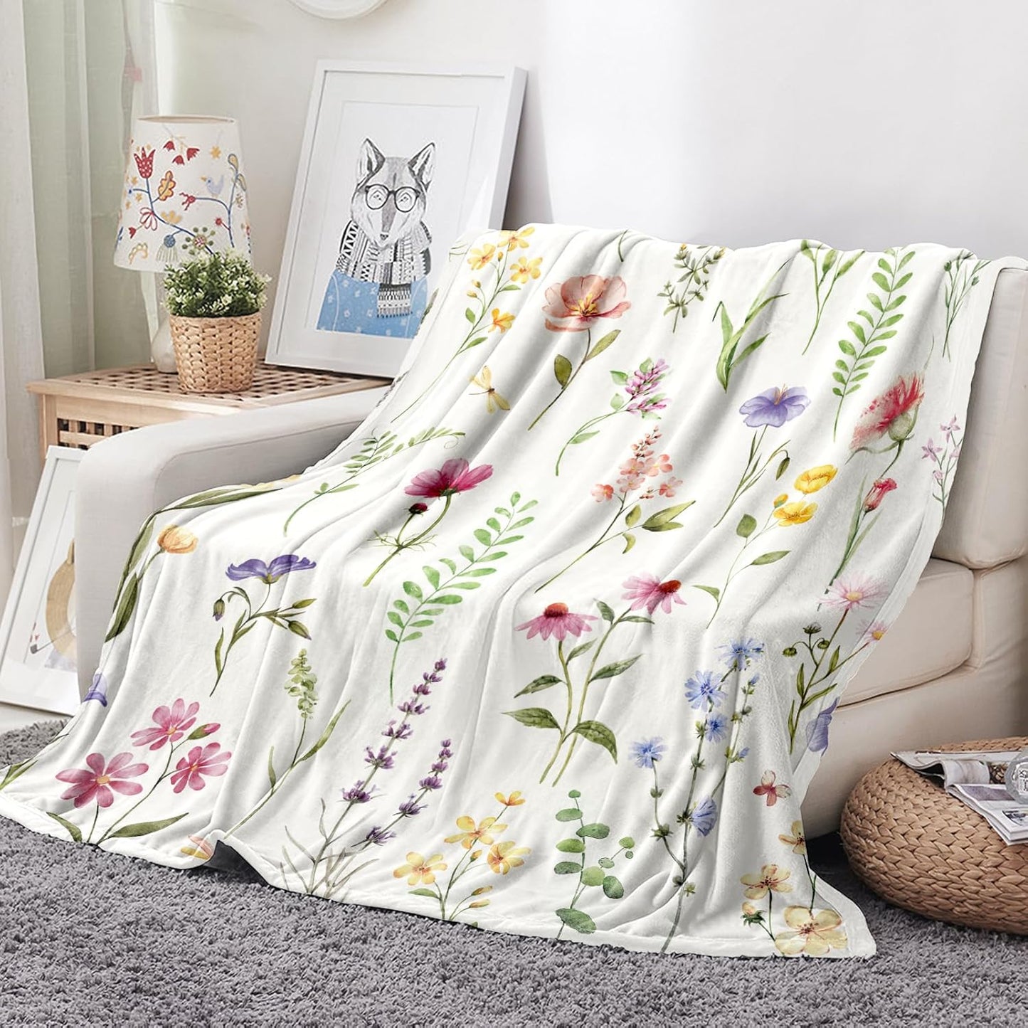 Tupmnbry Wildflowers Floral Throw Blanket Botanical Floral Printed Blanket Super Soft Flannel Throw Blanket Lightweight Fluffy Plush Fuzzy Bed Blanket for Bedding Sofa and Travel 50"X60"
