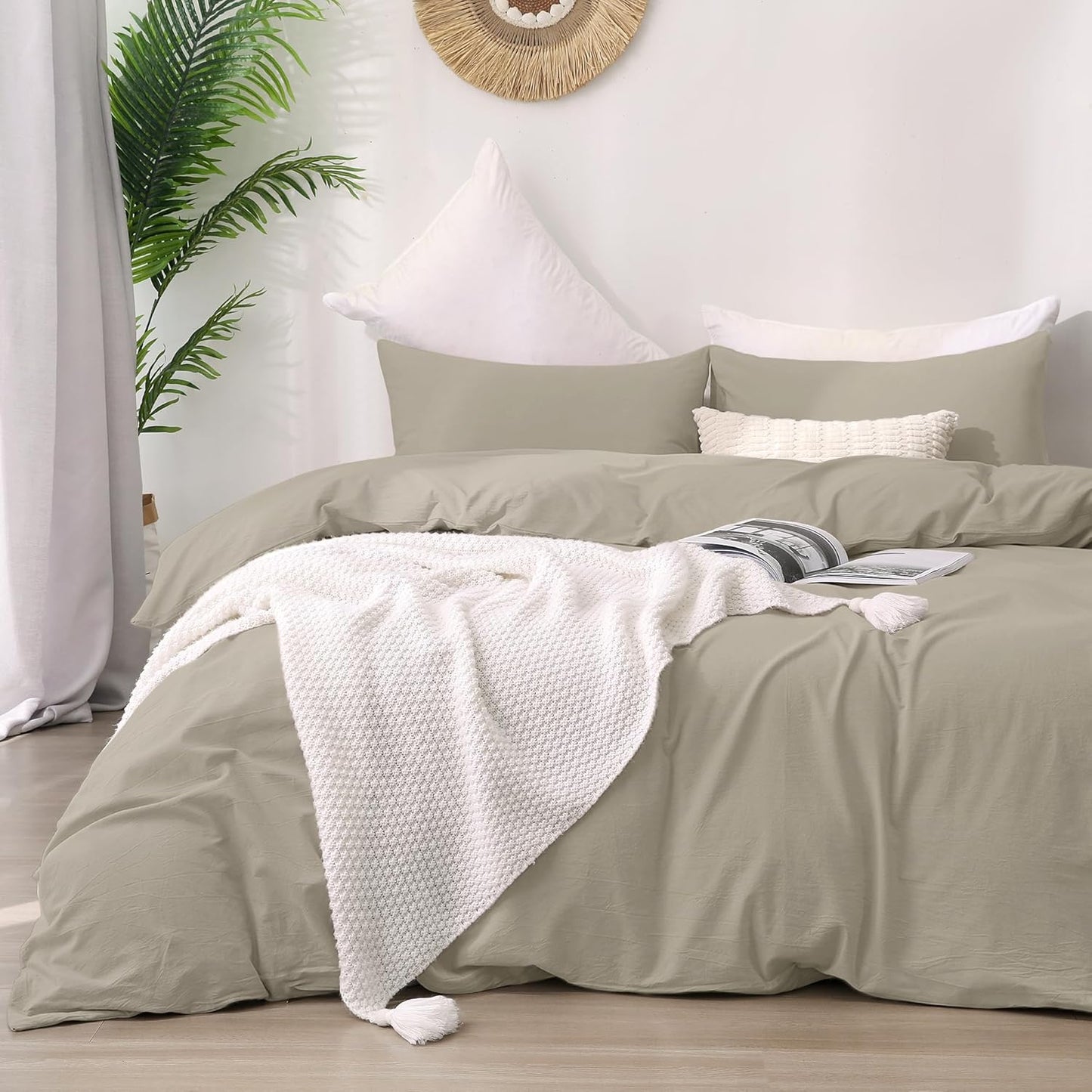 ATsense Duvet Cover King Size, 100% Washed Cotton Linen Feel Super Soft Comfortable, 3-Piece White Duvet Cover Bedding Set, Long-Lasting and Easy Care, Simple Style Farmhouse Comforter Cover