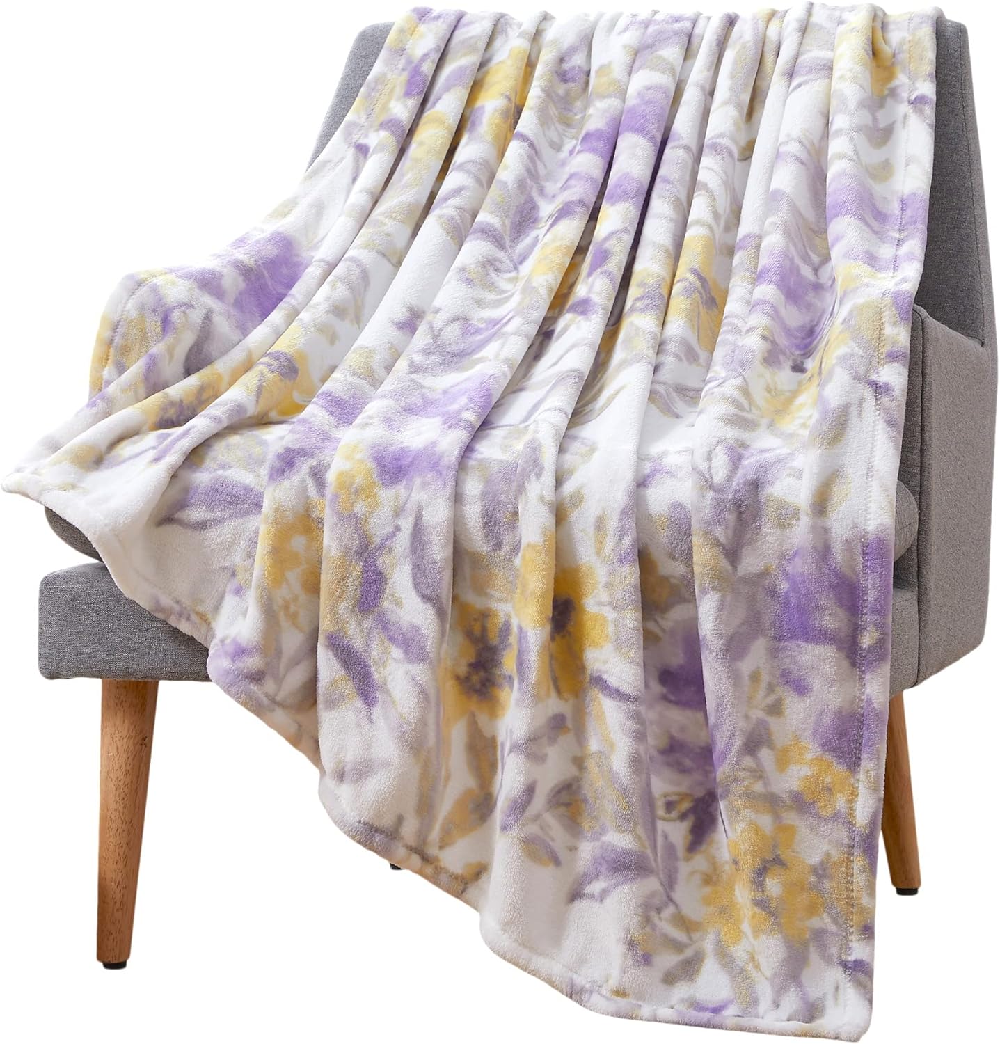 Decorative Floral Fleece Throw Blanket: Velvety Soft Plush Rose Flower Accent for Couch or Bed, Blush Pink Purple Navy Blue Grey on White, Oversized 50" x 70" Inches