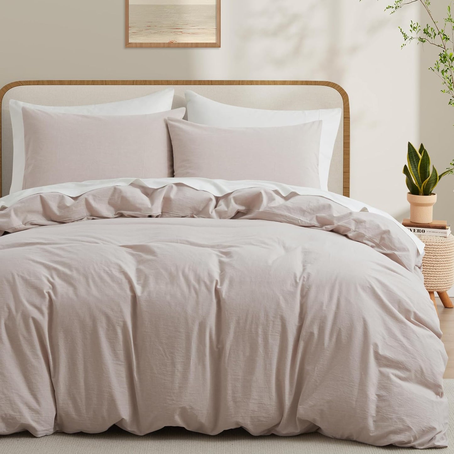 LOVQUE 100% Washed Cotton Duvet Cover Queen Size, White Linen Like Breathable Natural Bedding Set (No Comforter), 90x90 Inches