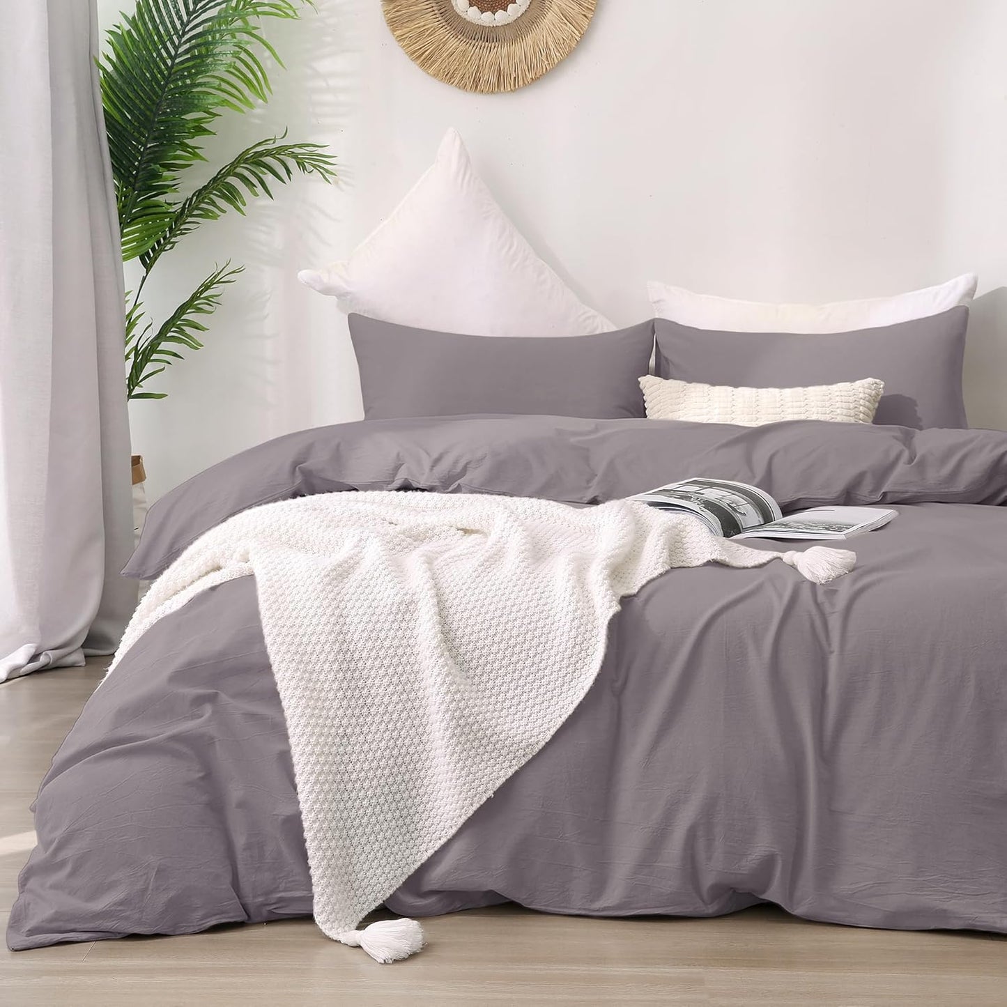 ATsense Duvet Cover King Size, 100% Washed Cotton Linen Feel Super Soft Comfortable, 3-Piece White Duvet Cover Bedding Set, Long-Lasting and Easy Care, Simple Style Farmhouse Comforter Cover