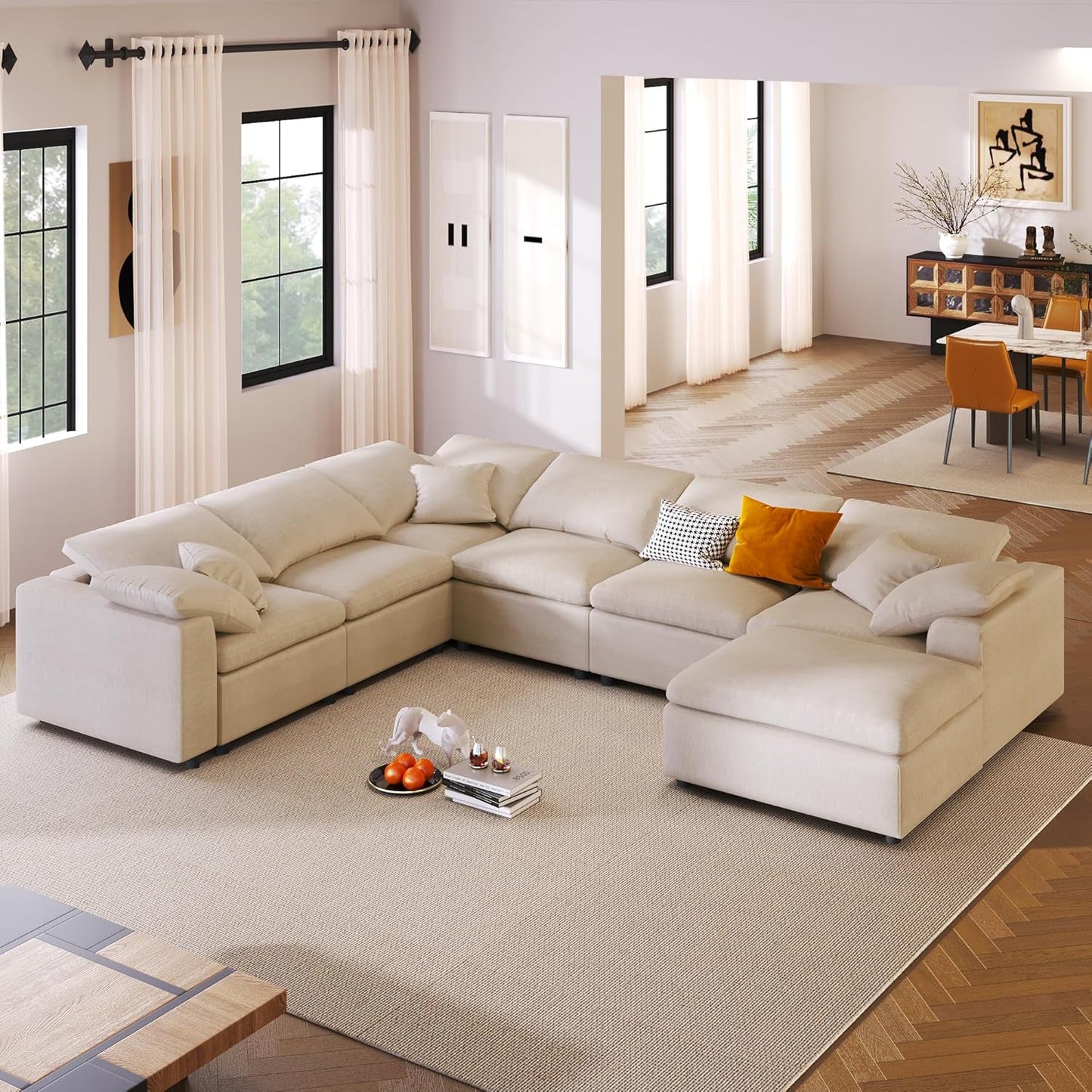 Oversized Modular Sectional Sofa Modern Cloud Couch with Movable Ottoman 7 Seater U/L Shaped Lounge Sofas Comfy Couches with Thicked Cushion Backrest for Living Room Spacious Space Office