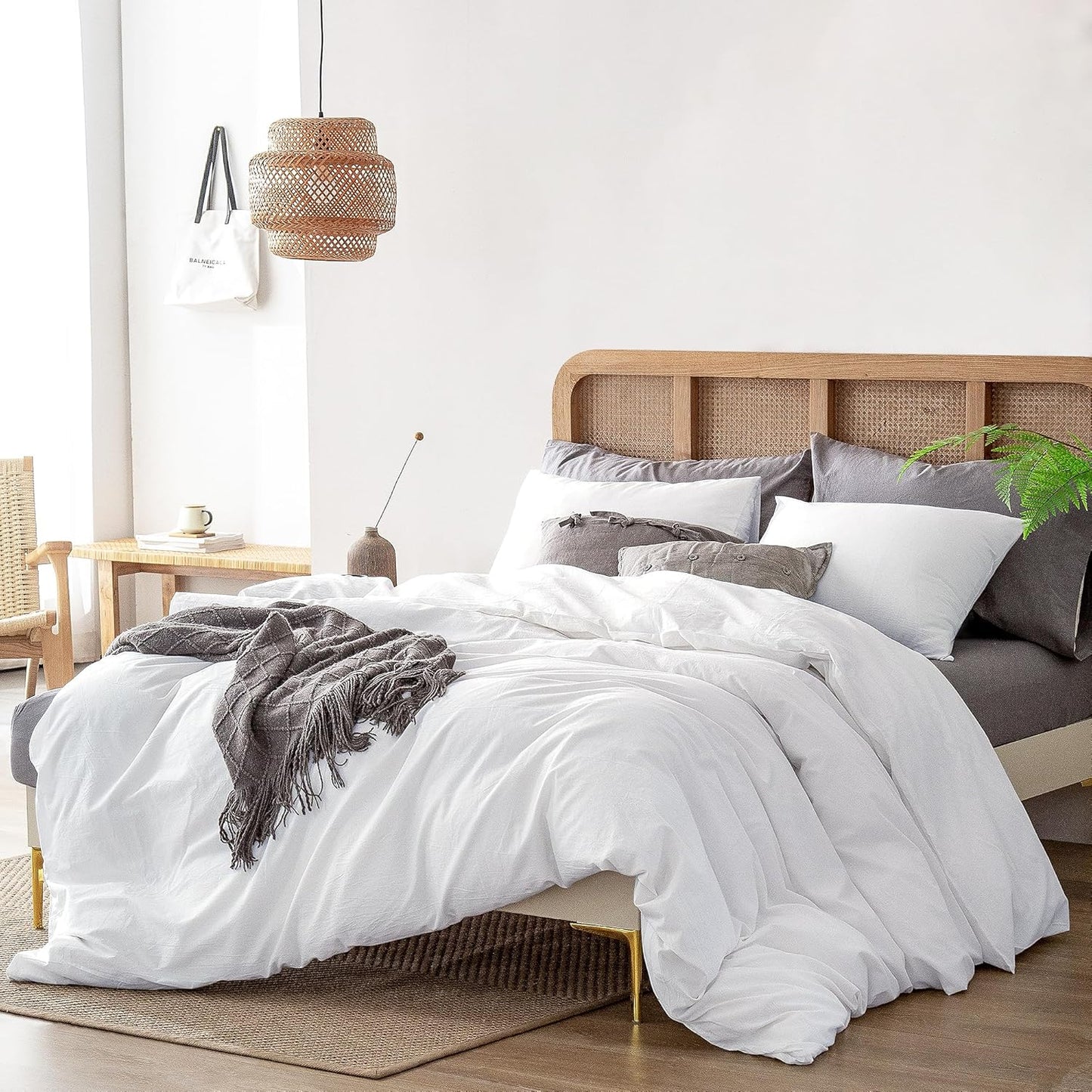 ATsense Duvet Cover King Size, 100% Washed Cotton Linen Feel Super Soft Comfortable, 3-Piece White Duvet Cover Bedding Set, Long-Lasting and Easy Care, Simple Style Farmhouse Comforter Cover