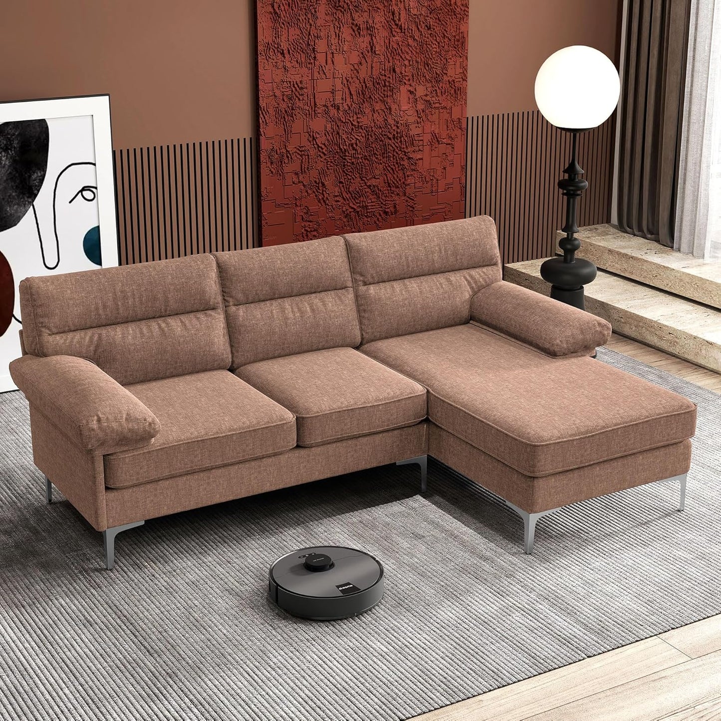 Ihanherry Modern Sofas 2-Seater Couches for Living Room, Chenille Sofas with Extra Large Seat Width & Depth, USB/Type-C Charging Port & Side Pocket, Removable Medium Firm Sofa Cushion(89inch, Brown)