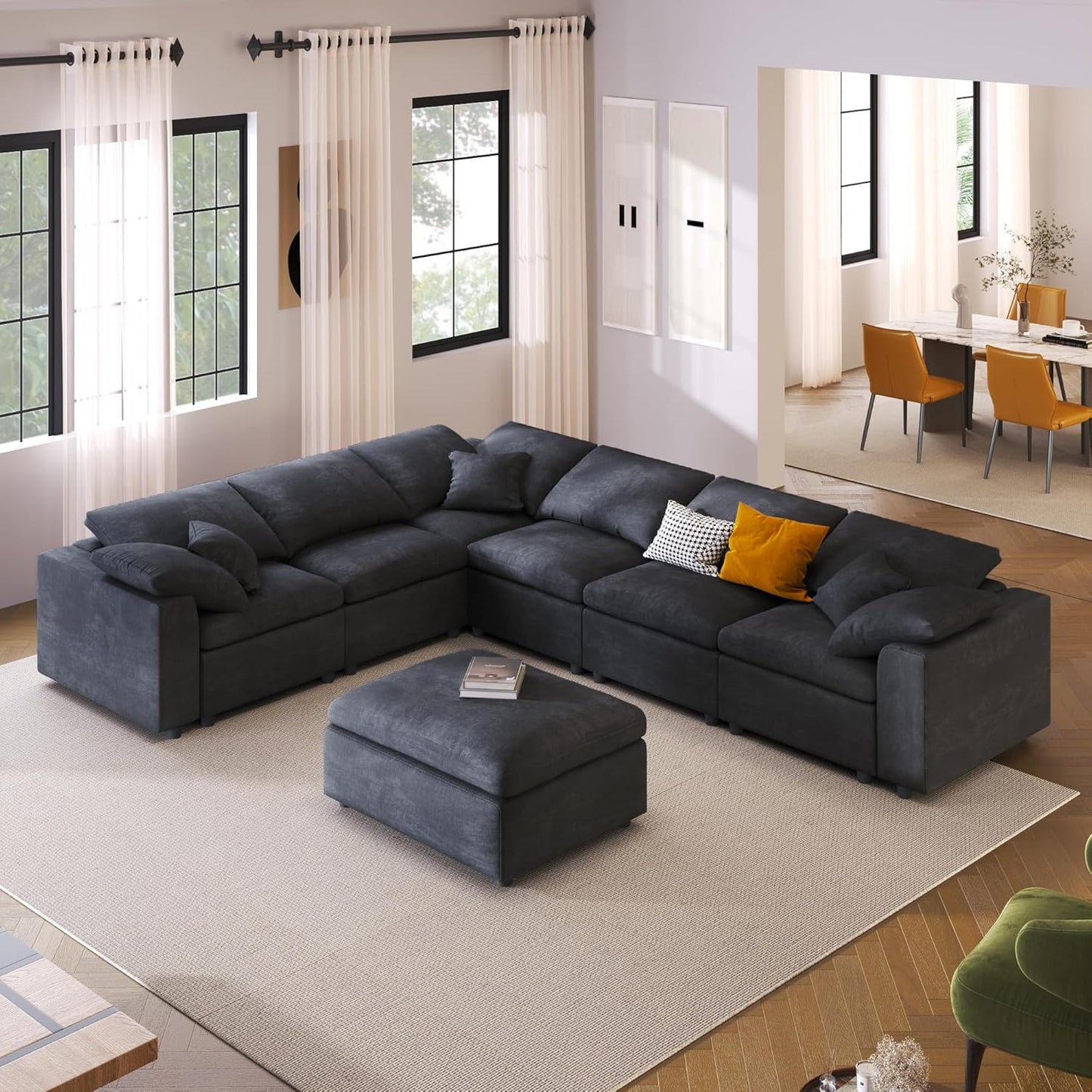 Oversized Modular Sectional Sofa Modern Cloud Couch with Movable Ottoman 7 Seater U/L Shaped Lounge Sofas Comfy Couches with Thicked Cushion Backrest for Living Room Spacious Space Office