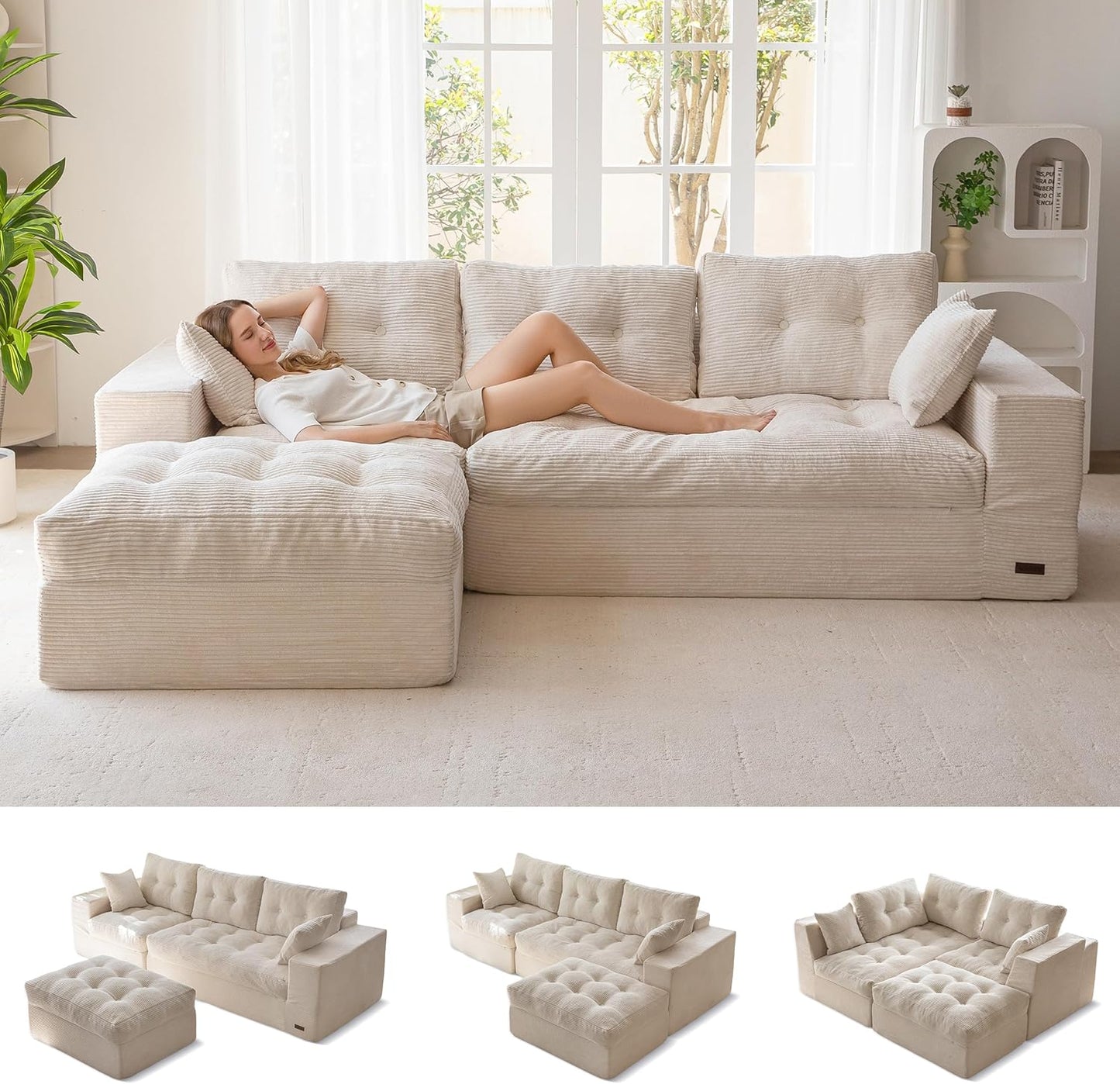 MAXYOYO L-Shaped Sectional Sofa with Convertible Left/Right Ottoman, Cloud Boneless Modular Couch, Layered Cushion & Tufted Upholstered, 4-in-1 Flexible Combination, No Assembly, Black