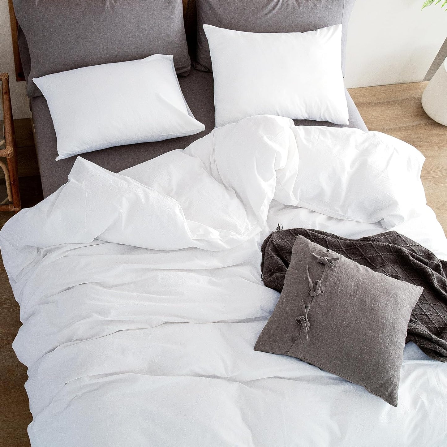 ATsense Duvet Cover King Size, 100% Washed Cotton Linen Feel Super Soft Comfortable, 3-Piece White Duvet Cover Bedding Set, Long-Lasting and Easy Care, Simple Style Farmhouse Comforter Cover