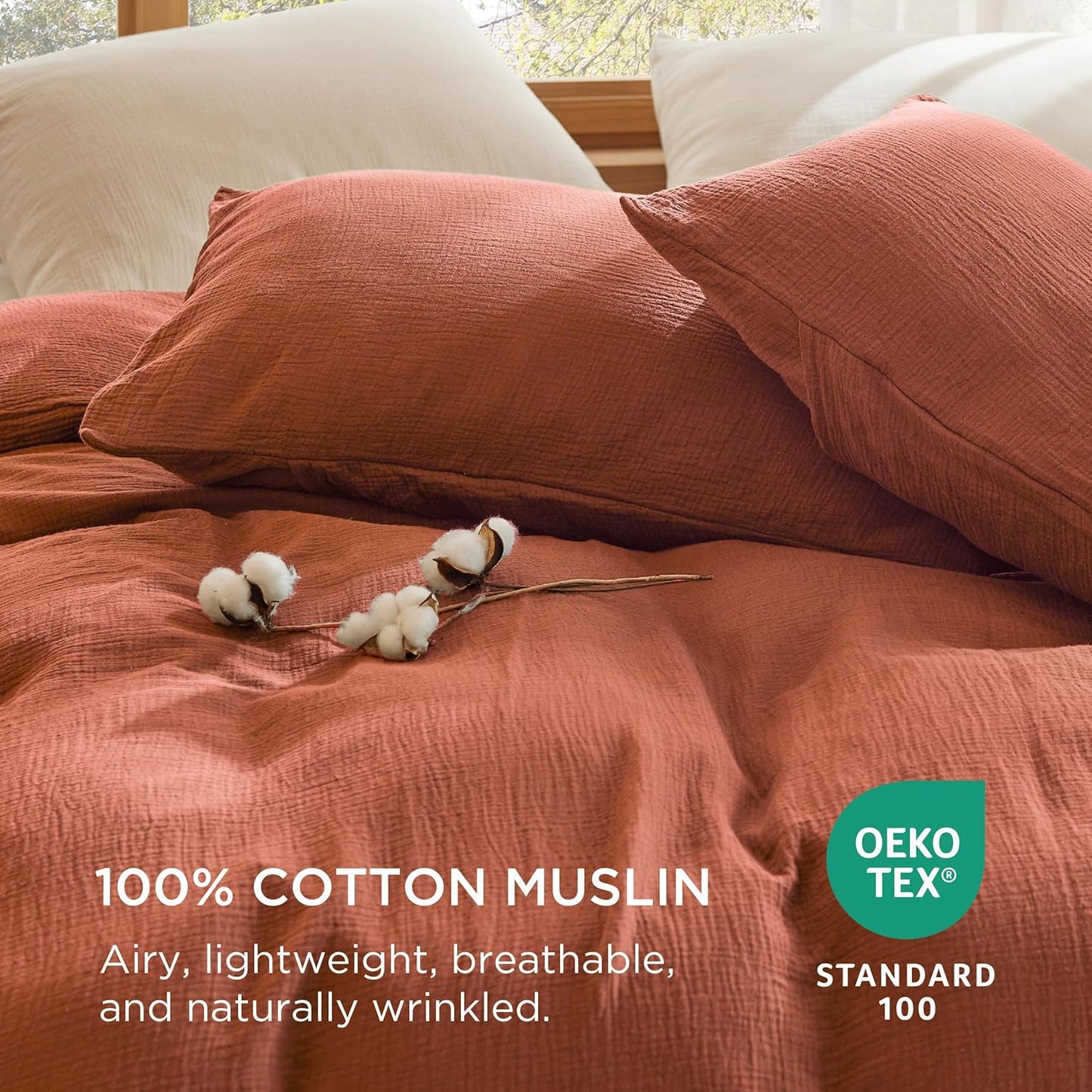 Bedsure 100% Muslin Cotton Duvet Cover King Size - Ultra-Soft, Breathable & Lightweight - Linen Like Gauze Comforter Cover Set with Button Closure and Corner Ties (Terracotta, King, 104"x90")