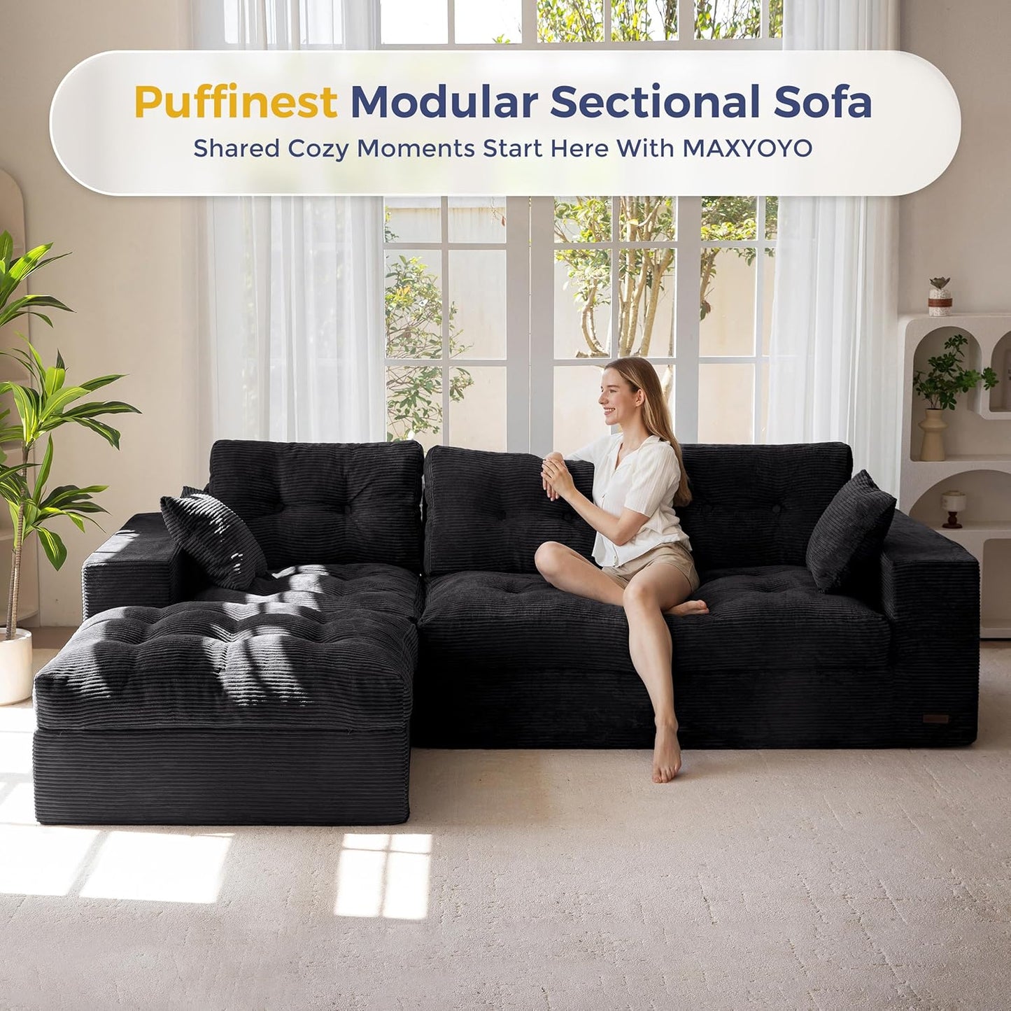 MAXYOYO L-Shaped Sectional Sofa with Convertible Left/Right Ottoman, Cloud Boneless Modular Couch, Layered Cushion & Tufted Upholstered, 4-in-1 Flexible Combination, No Assembly, Black
