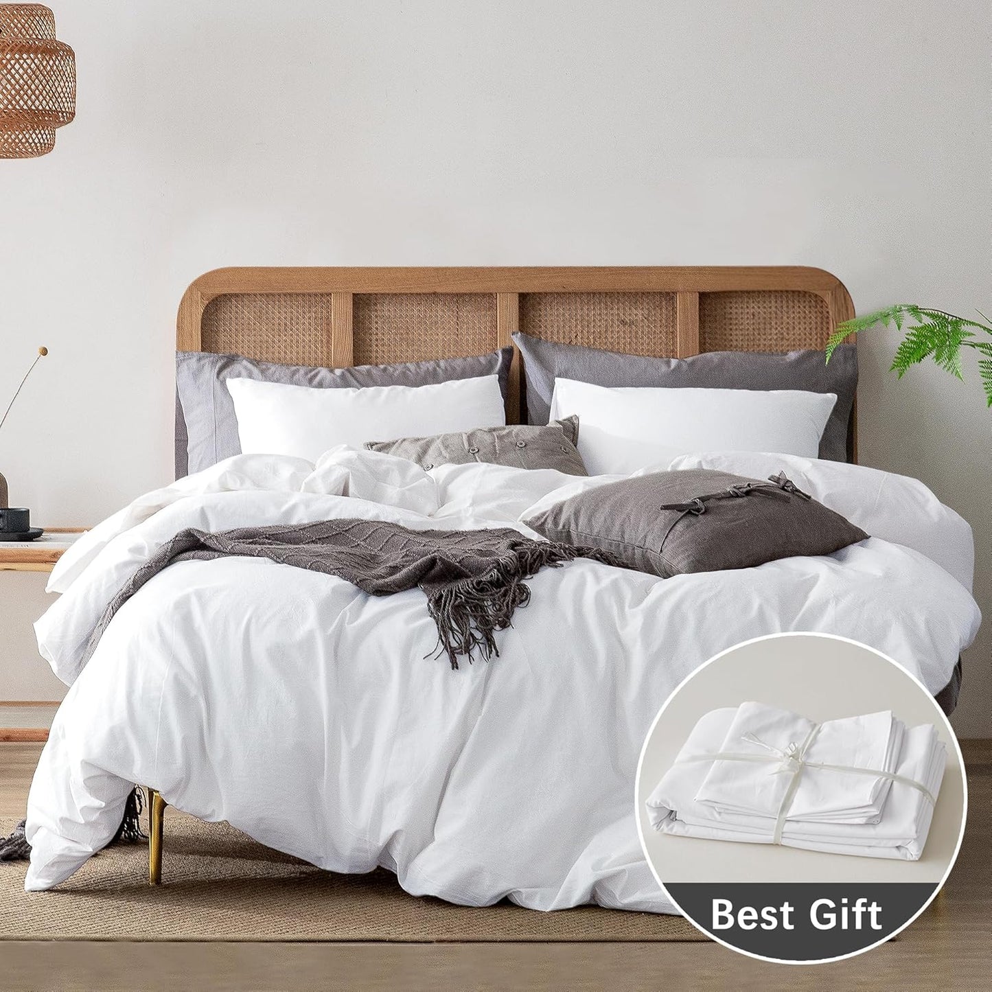 ATsense Duvet Cover King Size, 100% Washed Cotton Linen Feel Super Soft Comfortable, 3-Piece White Duvet Cover Bedding Set, Long-Lasting and Easy Care, Simple Style Farmhouse Comforter Cover