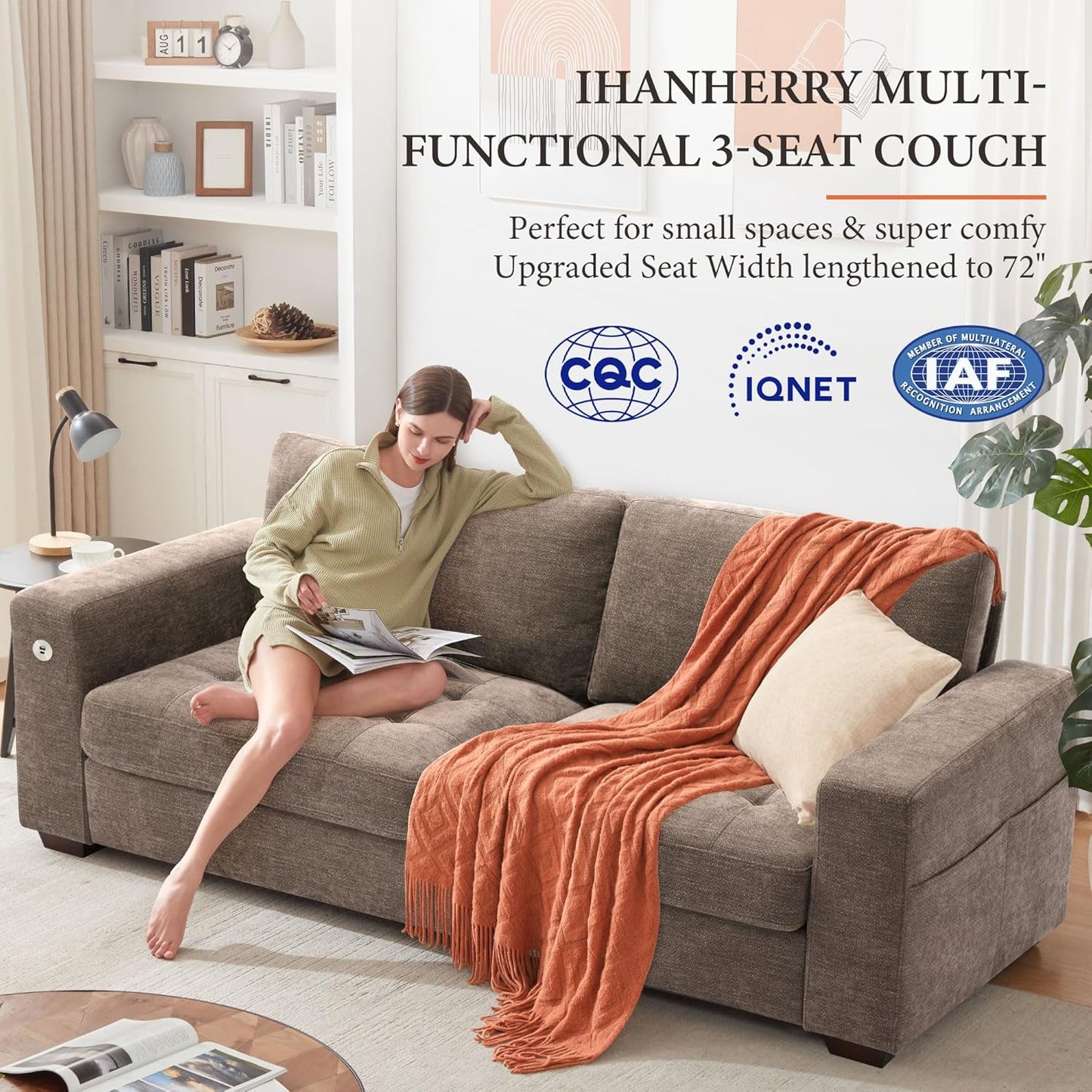 Ihanherry Modern Sofas 2-Seater Couches for Living Room, Chenille Sofas with Extra Large Seat Width & Depth, USB/Type-C Charging Port & Side Pocket, Removable Medium Firm Sofa Cushion(89inch, Brown)