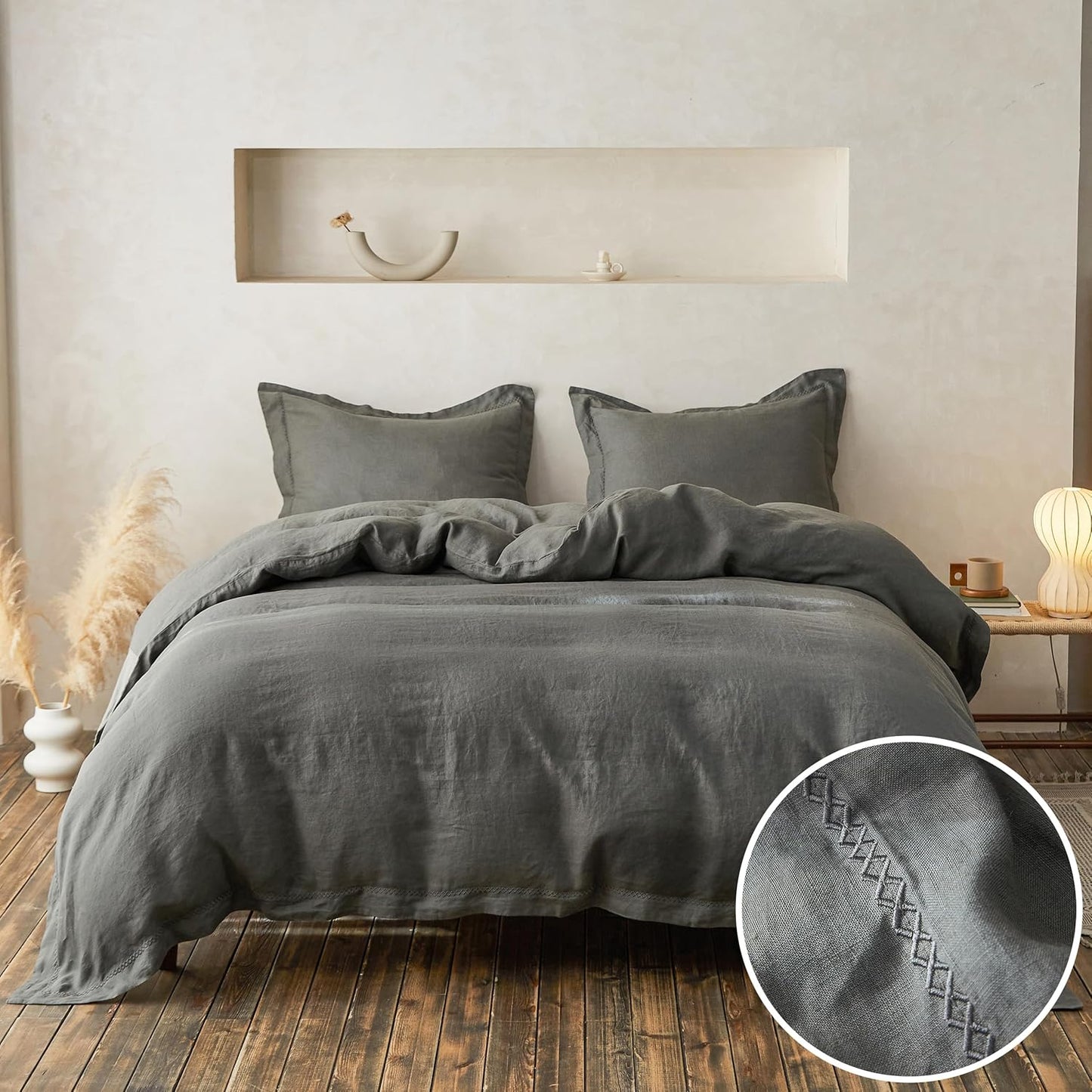 Simple&Opulence 100% Linen Duvet Cover Set with Embroidery Washed - 3 Pieces (1 Duvet Cover with 2 Pillow Shams) with Button Closure Soft Breathable Farmhouse - Linen, King Size