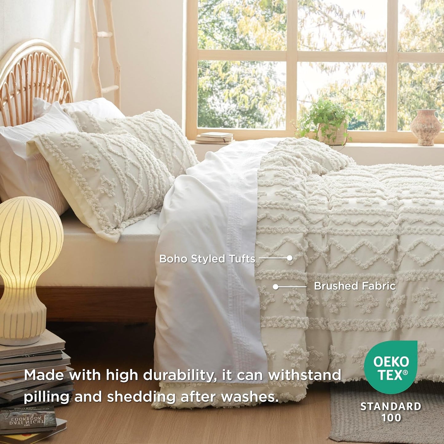 Bedsure Boho Kids Duvet Cover Queen Size(Duvet Insert/Comforter not Included - Tufted Duvet Cover Queen for All Seasons,Soft Shabby Chic Boho Bedding (Beige, 90" x 90")