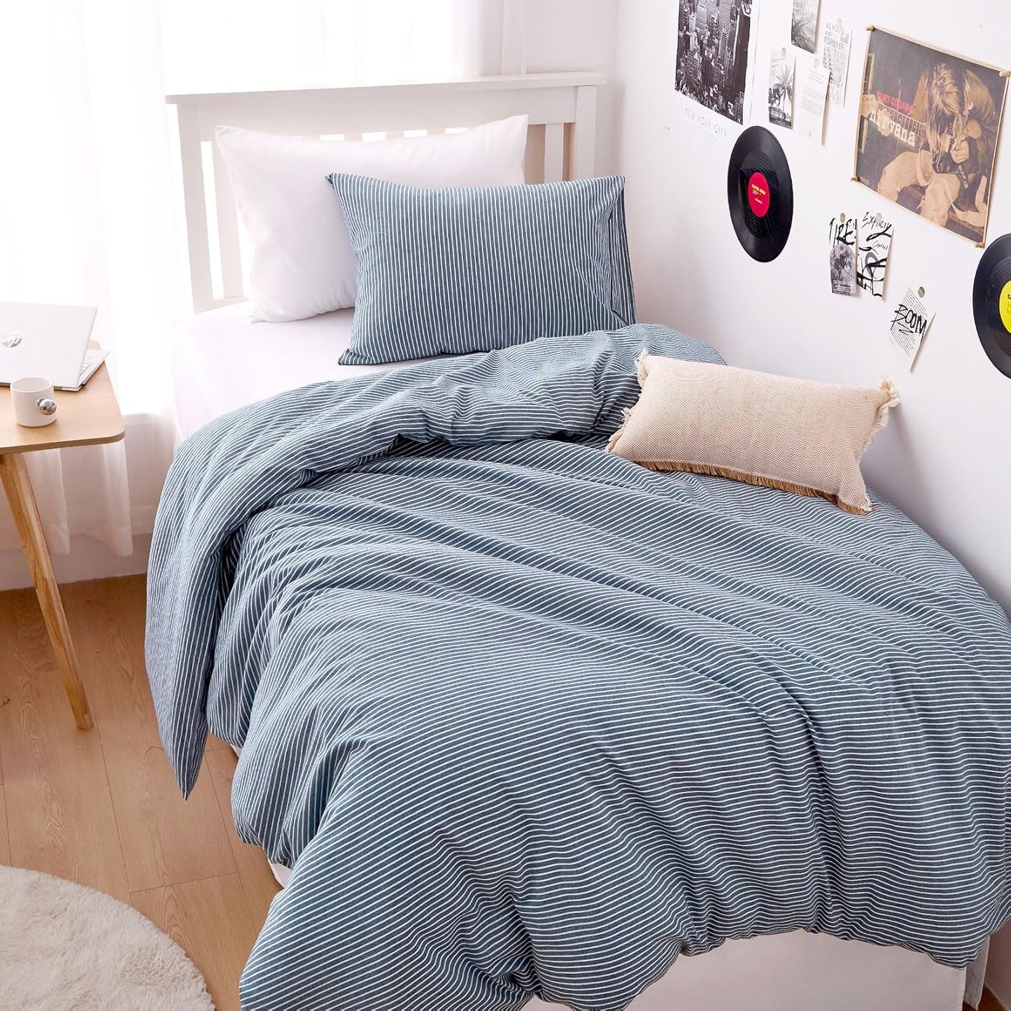 Wake In Cloud - Striped Cotton Duvet Cover Set, 100% Washed Cotton Textured Percale Bedding Set, Ticking Stripe Pinstripe Farmhouse, 3 Pieces, Denim Blue, Queen Size