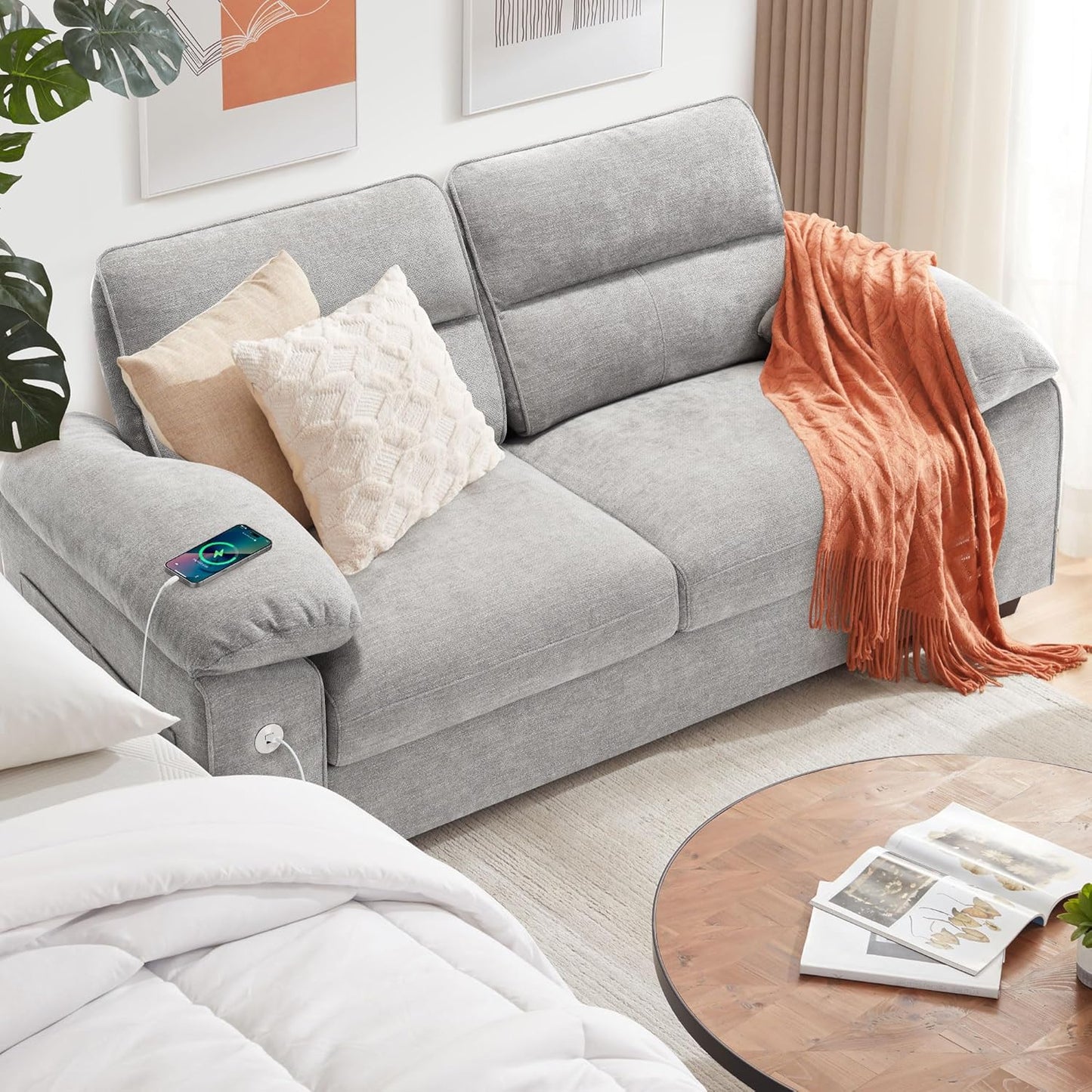 Ihanherry Modern Sofas 2-Seater Couches for Living Room, Chenille Sofas with Extra Large Seat Width & Depth, USB/Type-C Charging Port & Side Pocket, Removable Medium Firm Sofa Cushion(89inch, Brown)