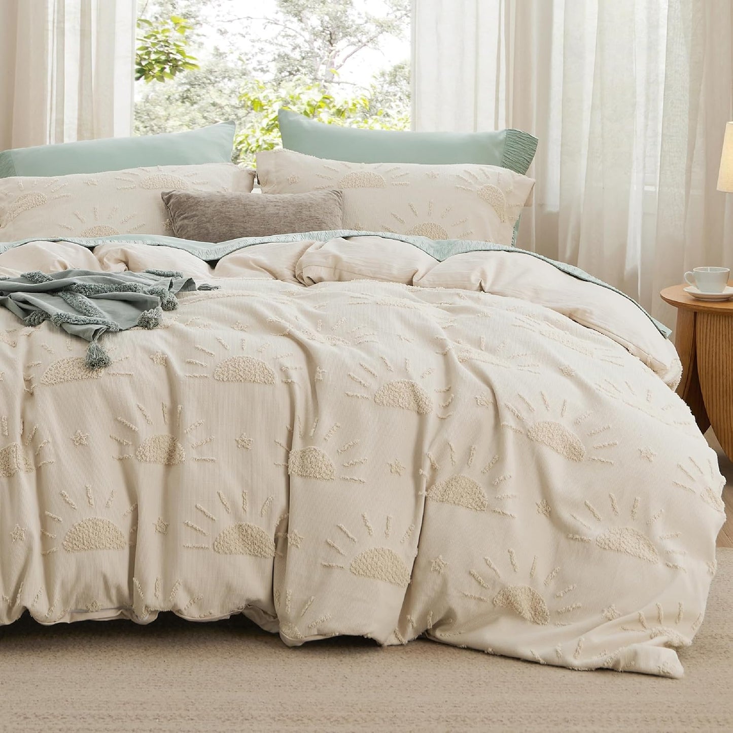 Bedsure Boho Kids Duvet Cover Queen Size(Duvet Insert/Comforter not Included - Tufted Duvet Cover Queen for All Seasons,Soft Shabby Chic Boho Bedding (Beige, 90" x 90")
