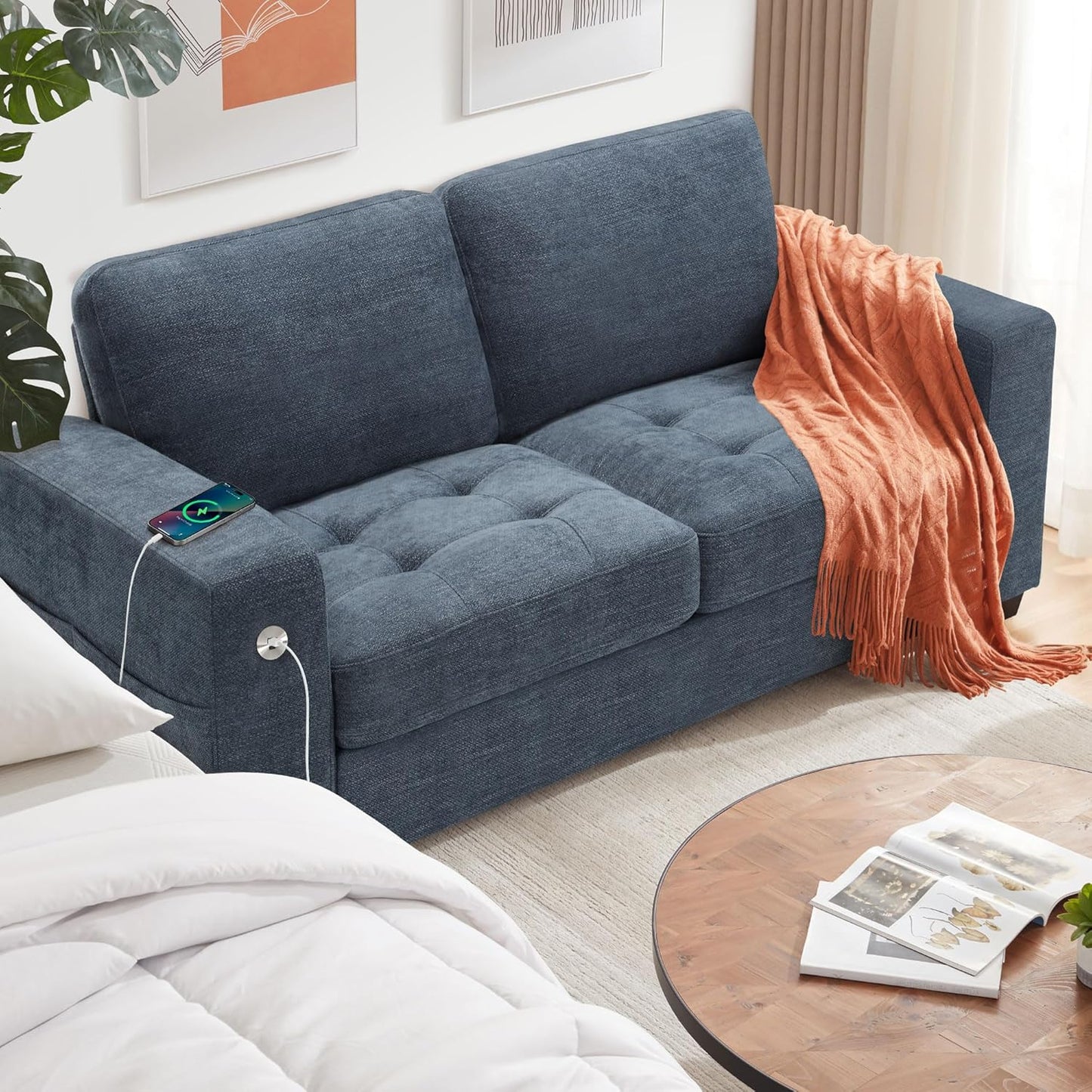 Ihanherry Modern Sofas 2-Seater Couches for Living Room, Chenille Sofas with Extra Large Seat Width & Depth, USB/Type-C Charging Port & Side Pocket, Removable Medium Firm Sofa Cushion(89inch, Brown)