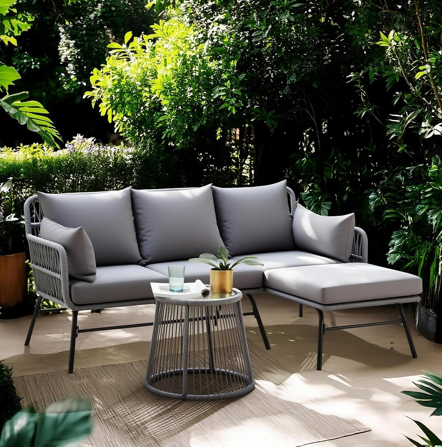 Bezseller 3-Piece Outdoor Patio Furniture Set, L-Shaped Rattan Sectional Sofa with Thick Cushions, Glass Coffee Table – All-Weather Conversation Set for Backyard, Porch, Poolside